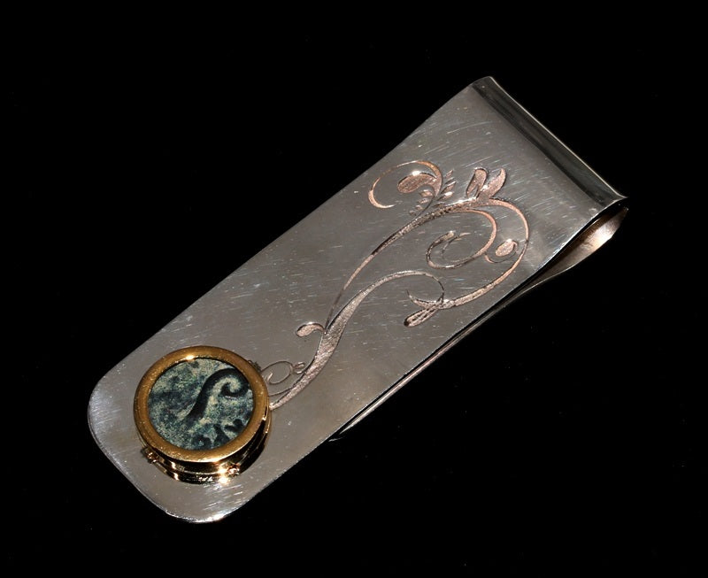 Prutah Of Pontius Pilate as Of Judaea Set in Sterling Silver& 18K Gold Money Clip