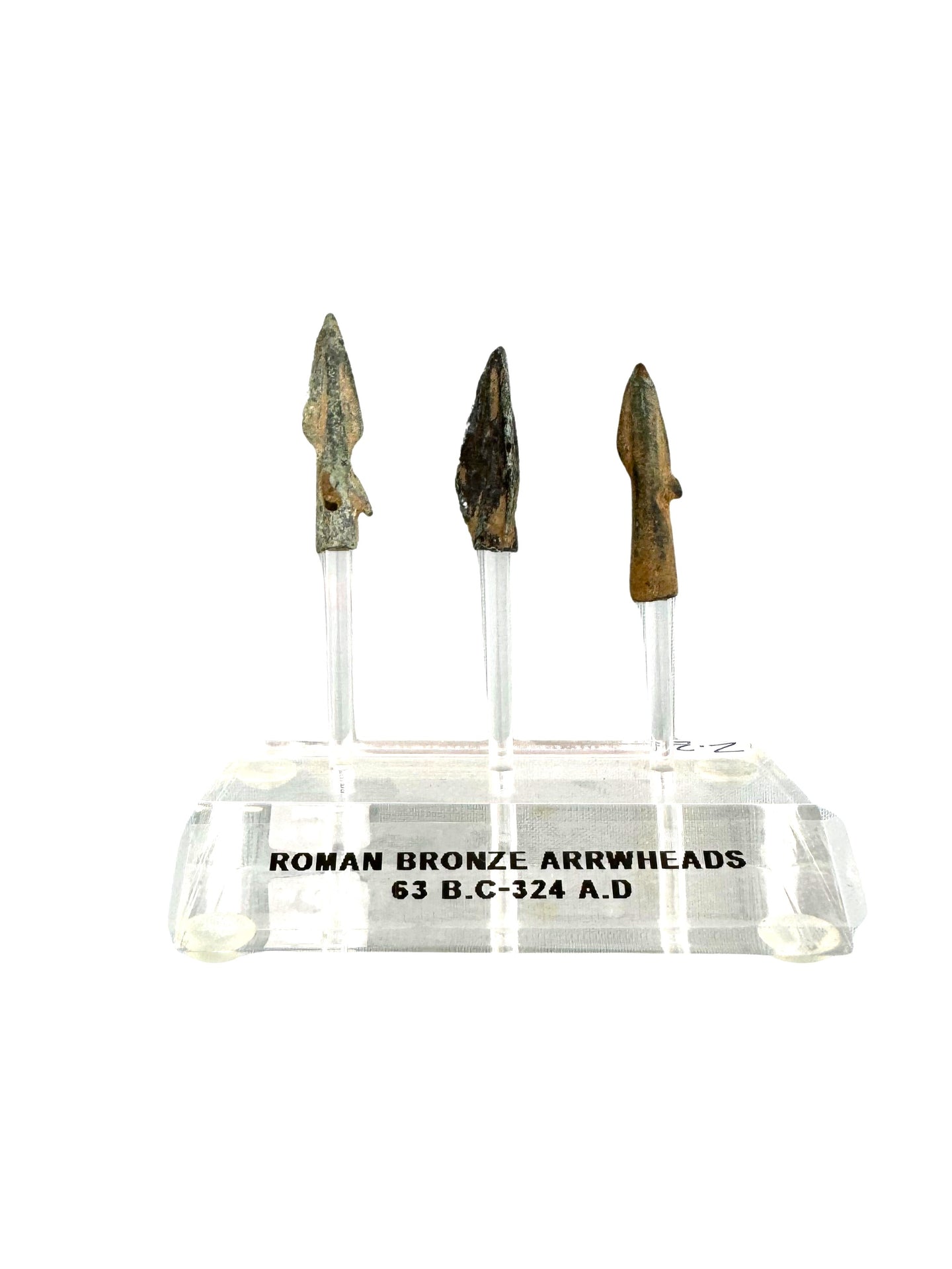 Set of three Ancient Roman Bronze Arrowheads & Display Stand