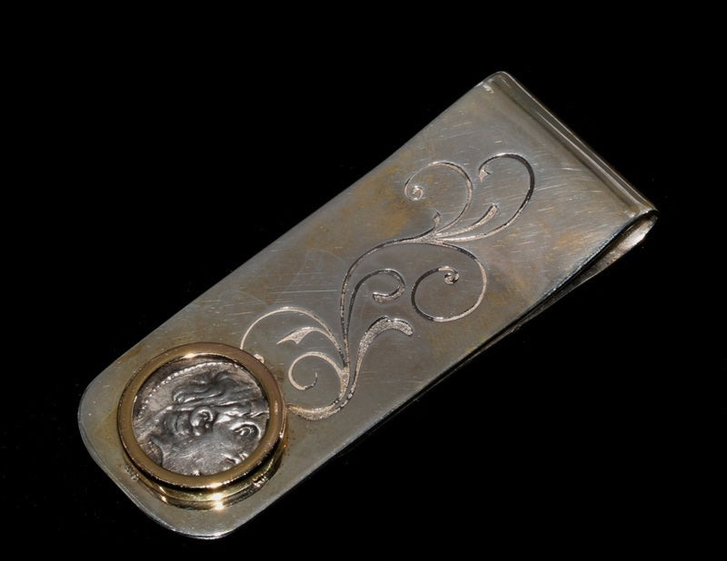 Silver Drachm of Antiochos I Set in Sterling Silver Money Clip