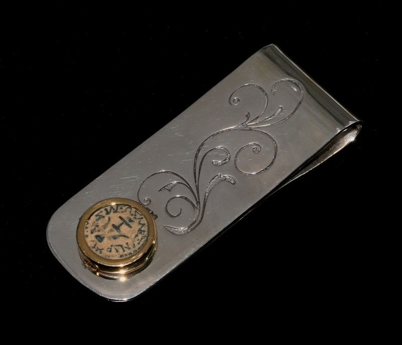 Bronze Widow's Mite Coin Set in Sterling Silver Money Clip in A Gold Bezel