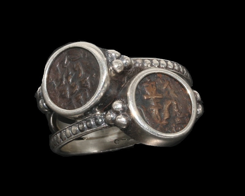 Two Bronze Widow's Mite Coins Set in Sterling Silver Ring