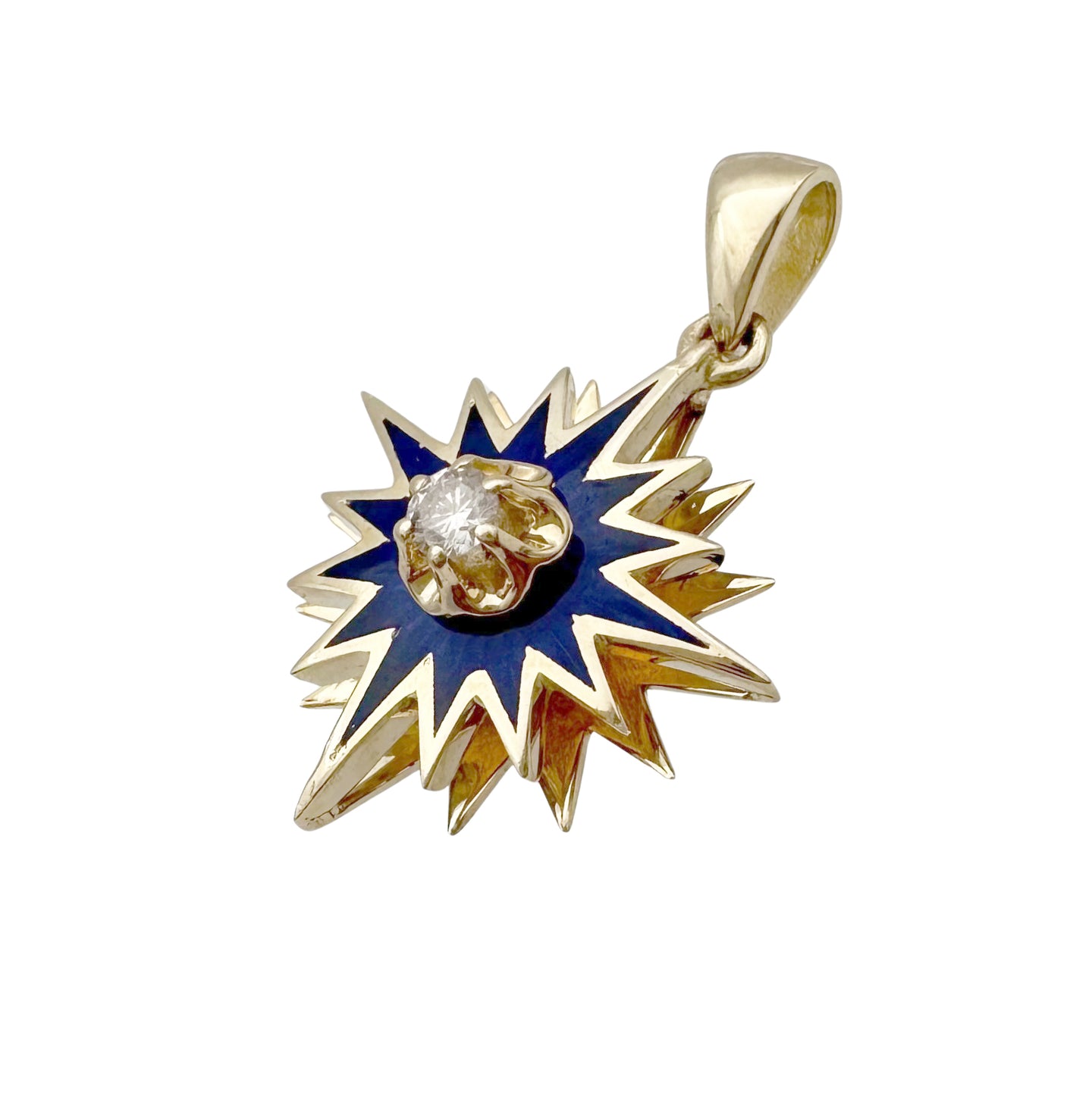 14K Yellow Gold Blue and Red Enamel Star of Bethlehem Pendant with White Diamond