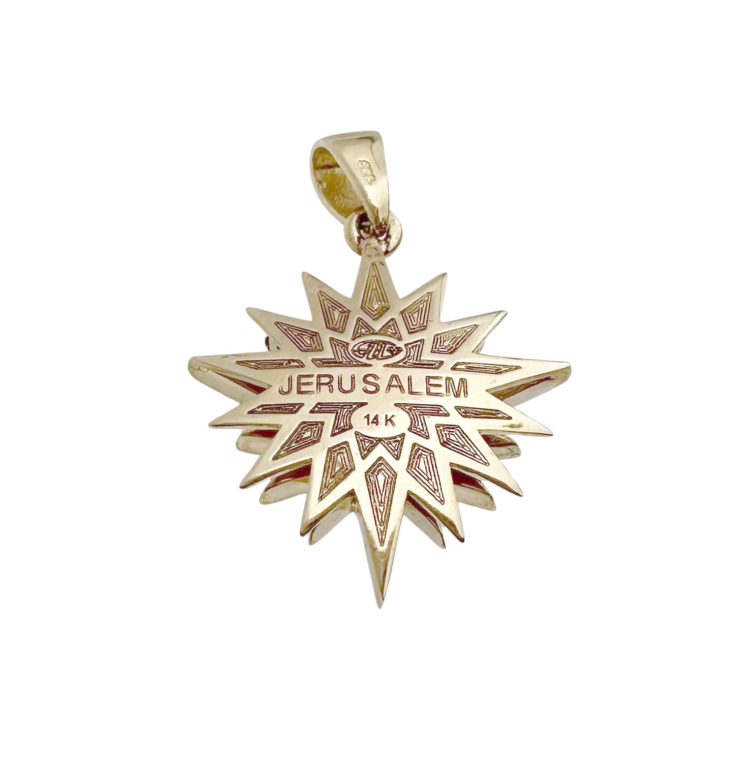 14K Yellow Gold Blue and Red Enamel Star of Bethlehem Pendant with White Diamond