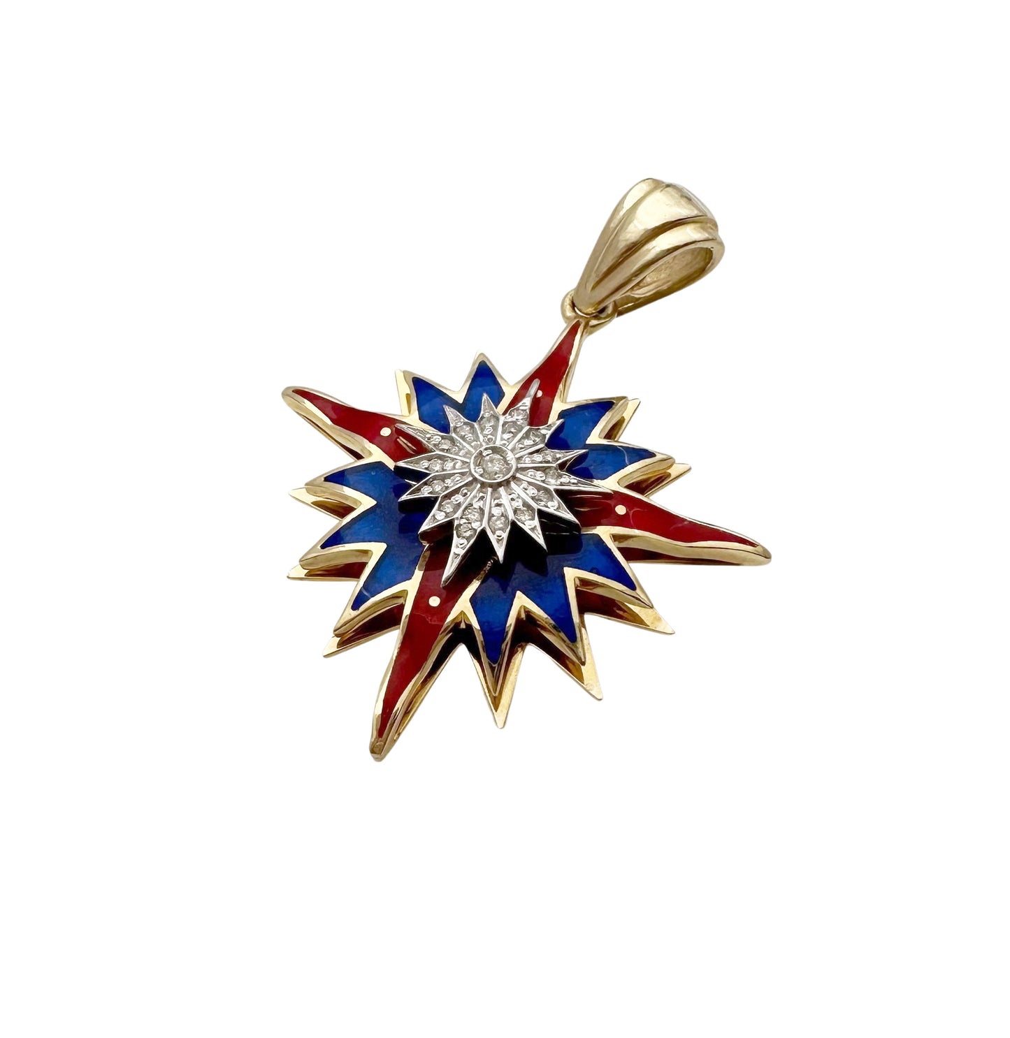 14K Yellow Gold Blue and Red Enamel Star of Bethlehem Pendant with White Diamond