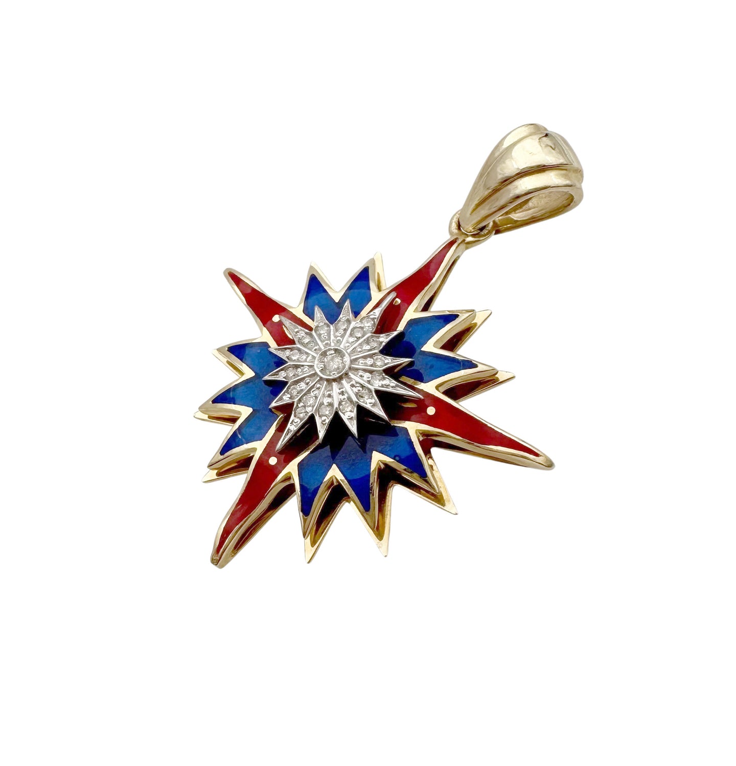 14K Yellow Gold Blue and Red Enamel Star of Bethlehem Pendant with White Diamond