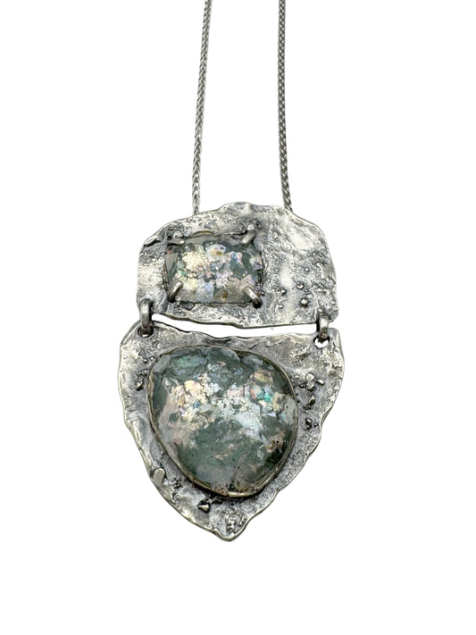 Ancient Roman Glass Sterling Silver Necklace – “Twin Relics”