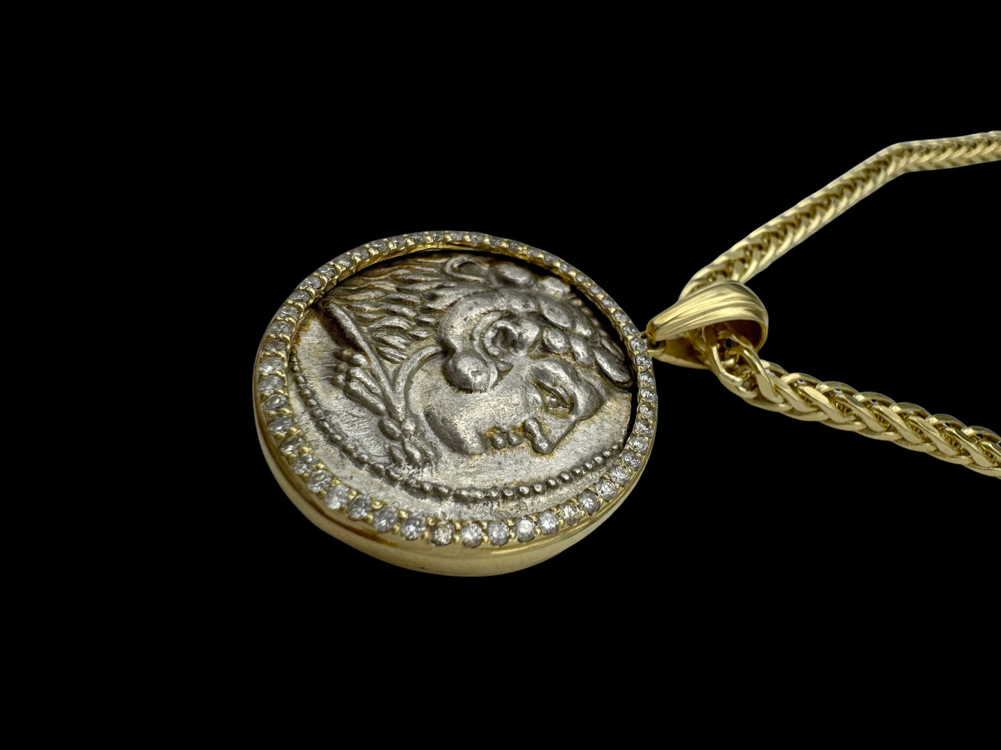 Solid 14K Gold Alexander the Great Coin Pendant with White Diamonds