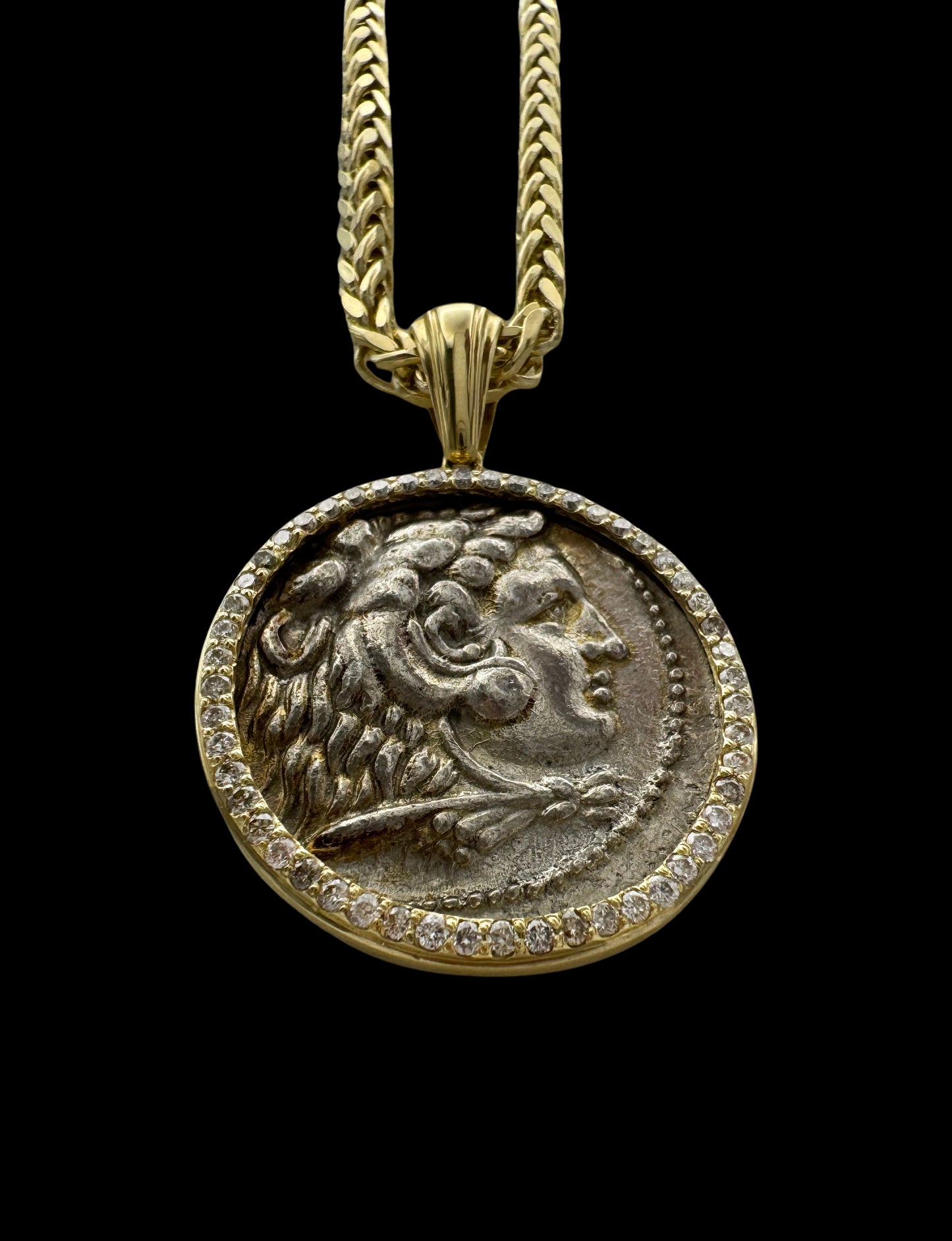 Solid 14K Gold Alexander the Great Coin Pendant with White Diamonds
