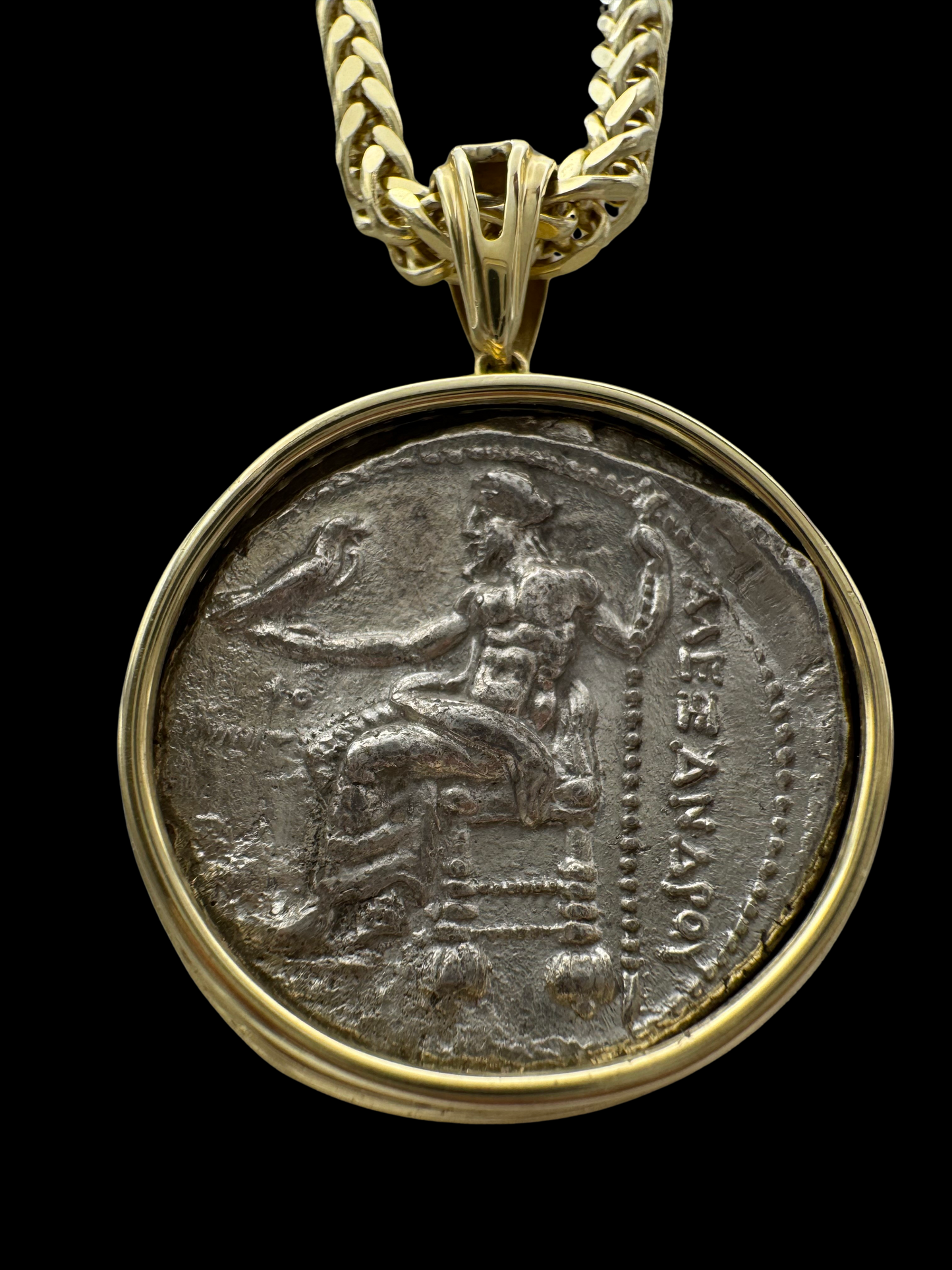 Solid 14K Gold Alexander the Great Coin Pendant with White Diamonds