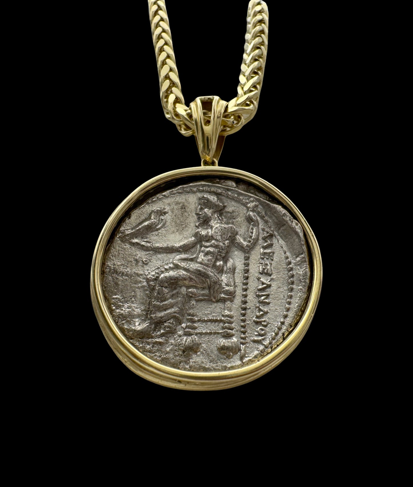 Solid 14K Gold Alexander the Great Coin Pendant with White Diamonds