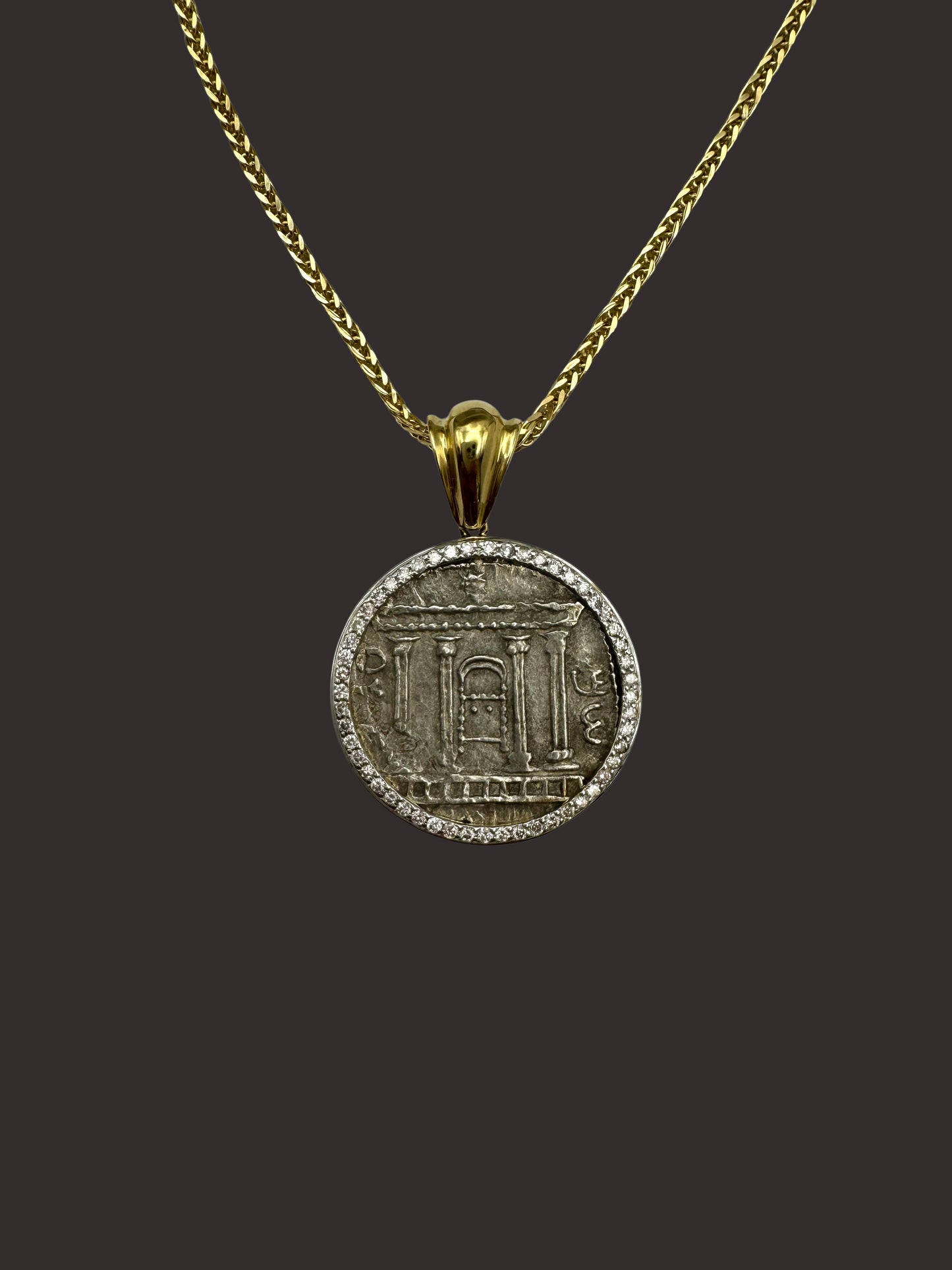 Solid 14K Gold Judaea Silver Sela Coin Pendant with White & Black Diamonds