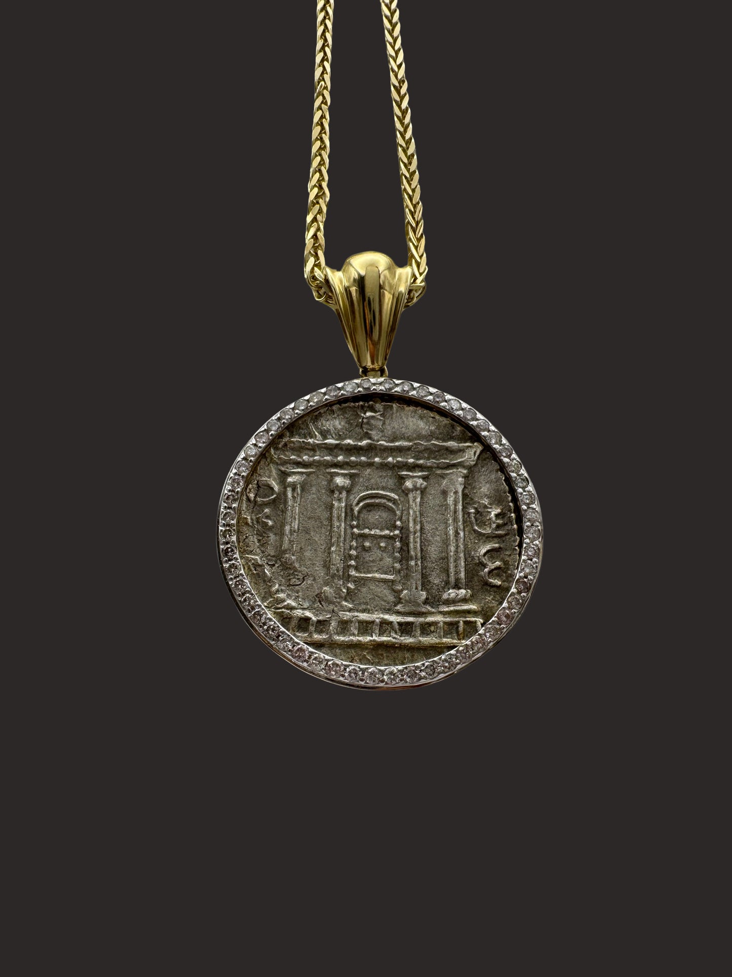 Solid 14K Gold Judaea Silver Sela Coin Pendant with White & Black Diamonds