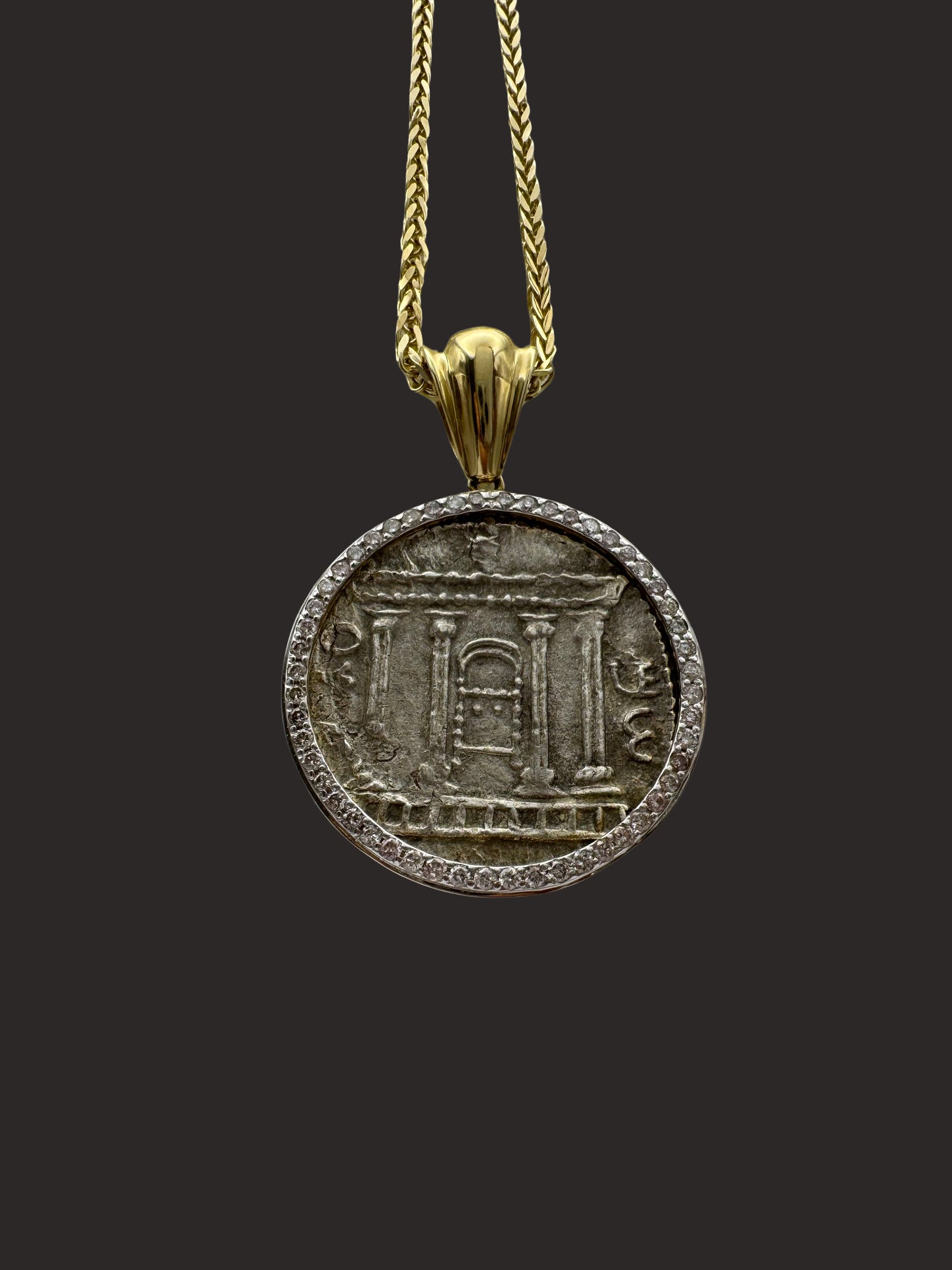 Solid 14K Gold Judaea Silver Sela Coin Pendant with White & Black Diamonds