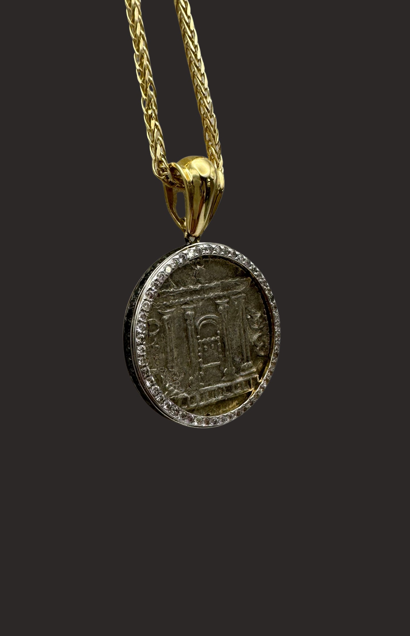 Solid 14K Gold Judaea Silver Sela Coin Pendant with White & Black Diamonds