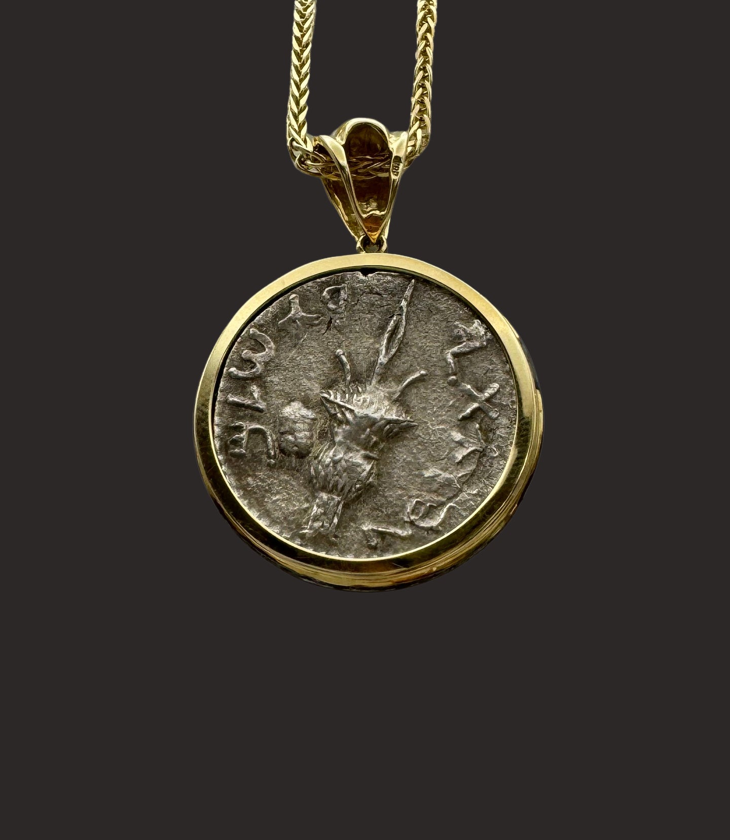 Solid 14K Gold Judaea Silver Sela Coin Pendant with White & Black Diamonds