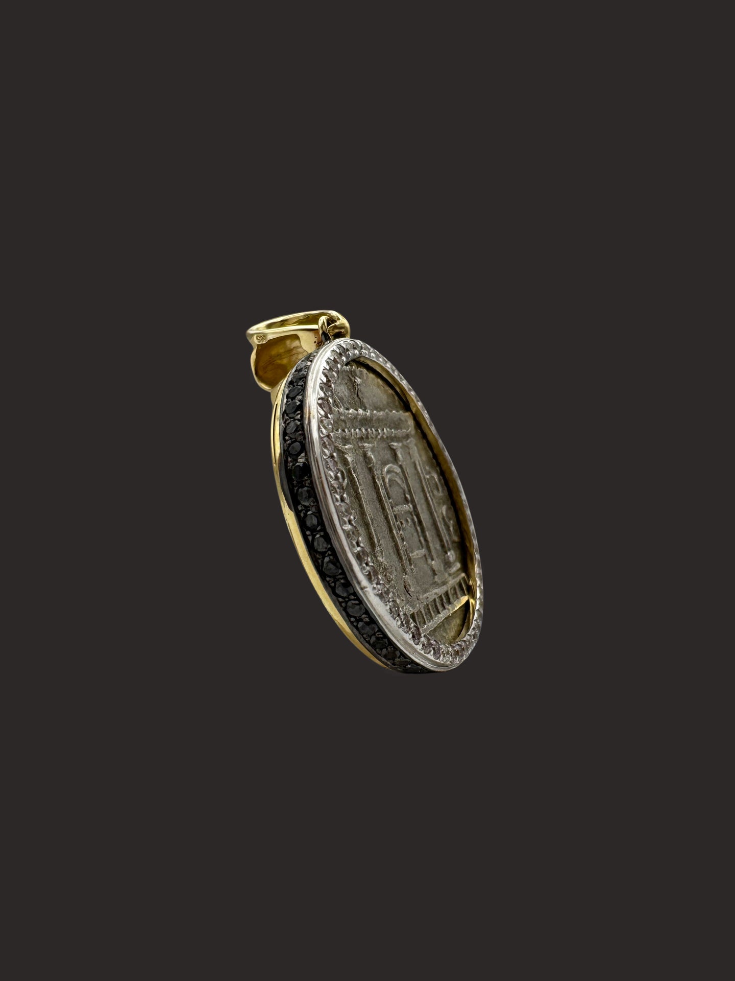 Solid 14K Gold Judaea Silver Sela Coin Pendant with White & Black Diamonds
