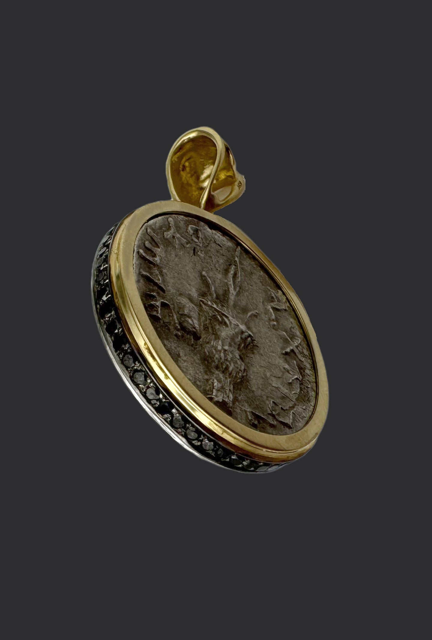 Solid 14K Gold Judaea Silver Sela Coin Pendant with White & Black Diamonds