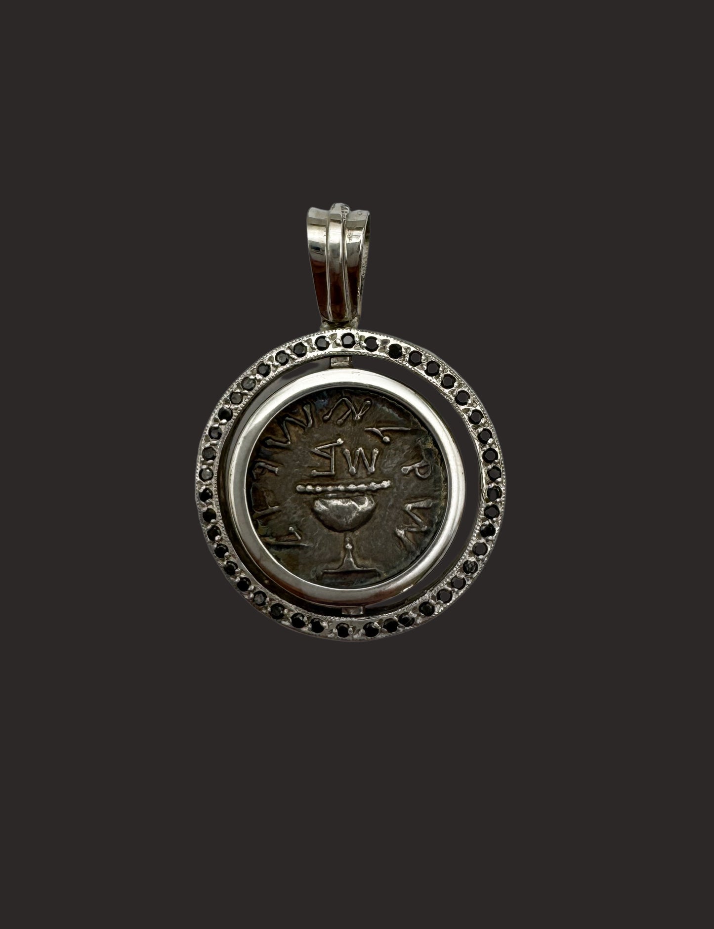Judaea First Jewish War Coin Pendant – 14K Gold with Natural Black Diamonds