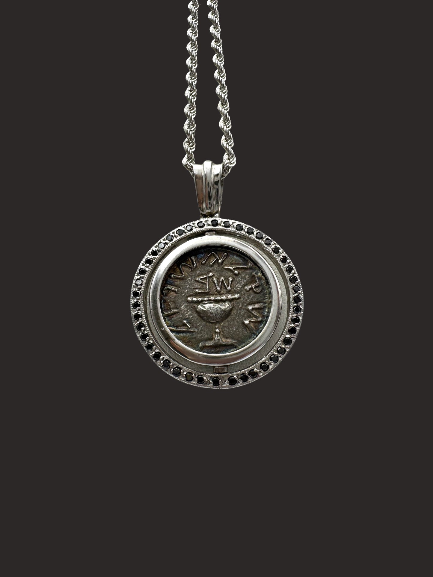 Judaea First Jewish War Coin Pendant – 14K Gold with Natural Black Diamonds