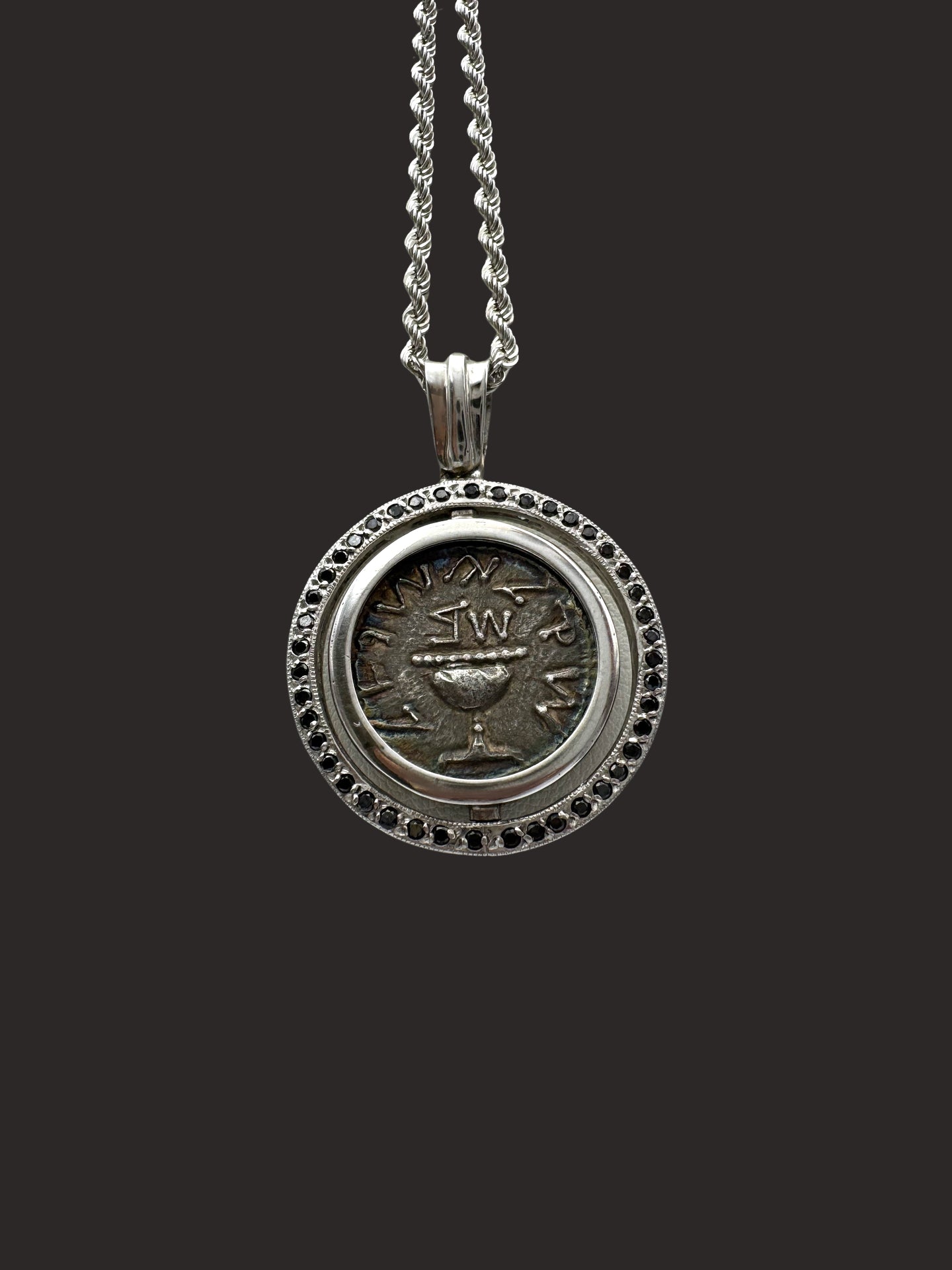 Judaea First Jewish War Coin Pendant – 14K Gold with Natural Black Diamonds