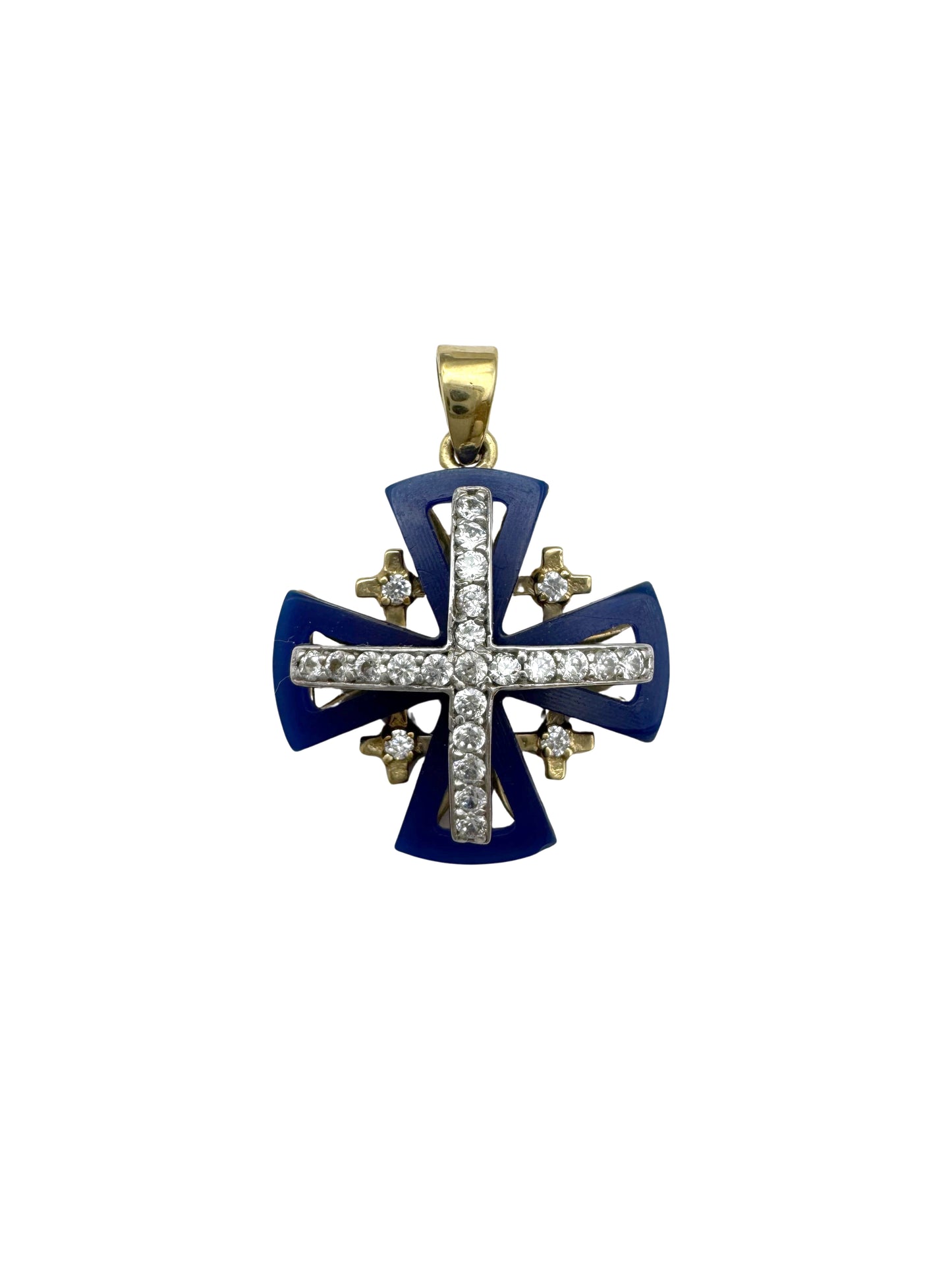 14K Gold Jerusalem Cross Pendant with Crystals & Blue Enamel