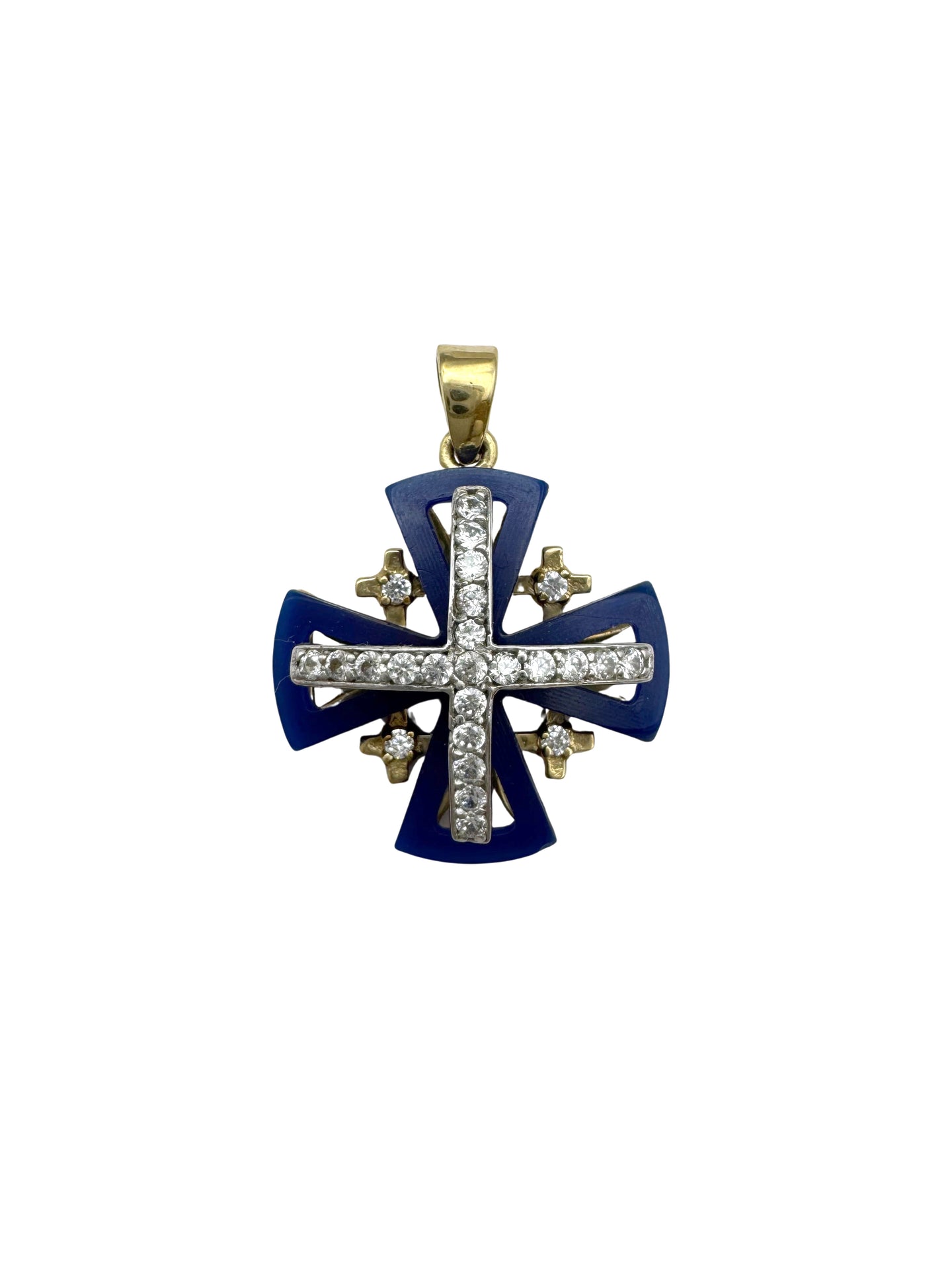 14K Gold Jerusalem Cross Pendant with Crystals & Blue Enamel