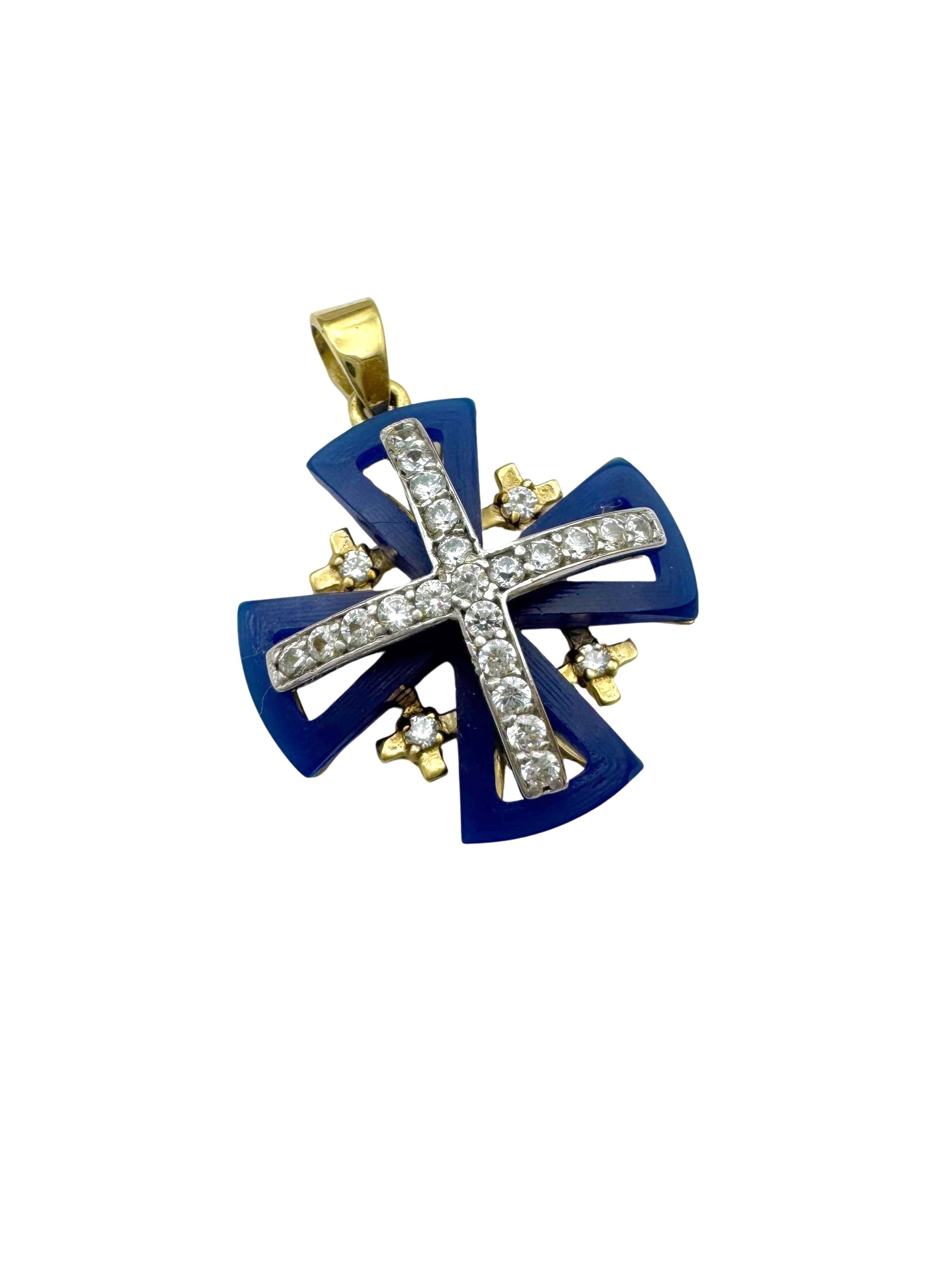 14K Gold Jerusalem Cross Pendant with Crystals & Blue Enamel