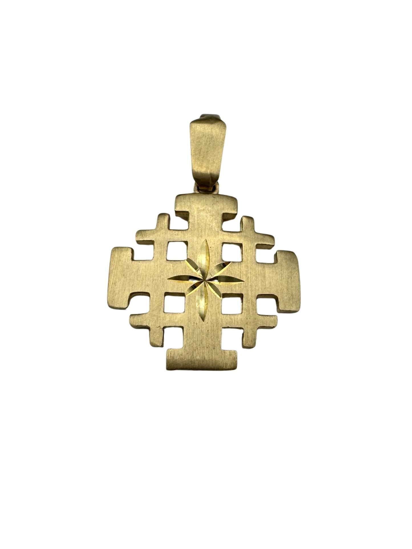 14K Gold Jerusalem Cross Pendant – Geometric Starburst Design
