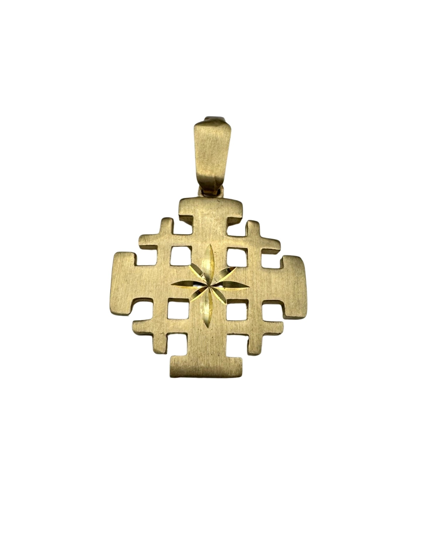 14K Gold Jerusalem Cross Pendant – Geometric Starburst Design