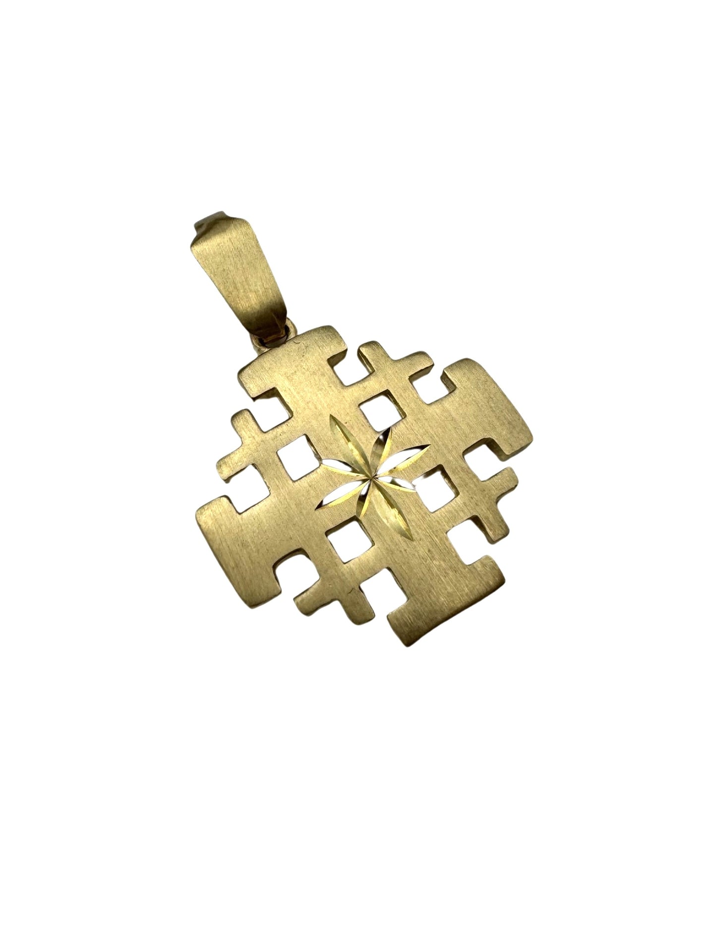 14K Gold Jerusalem Cross Pendant – Geometric Starburst Design