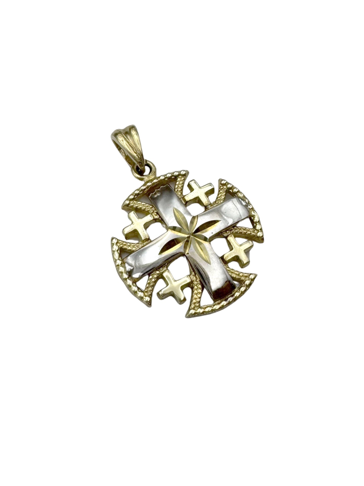 14K Gold Jerusalem Cross Pendant – Flared Ends & Starburst Center