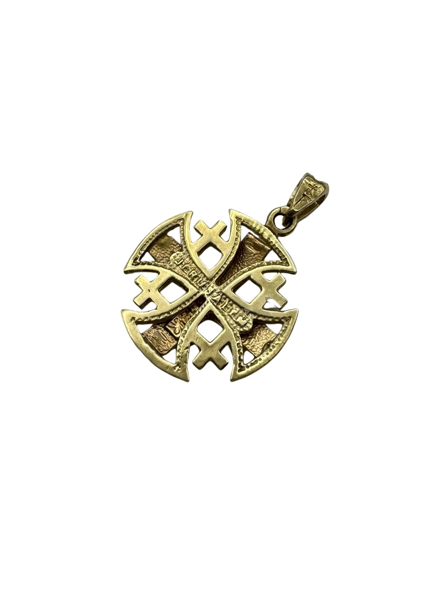 14K Gold Jerusalem Cross Pendant – Flared Ends & Starburst Center
