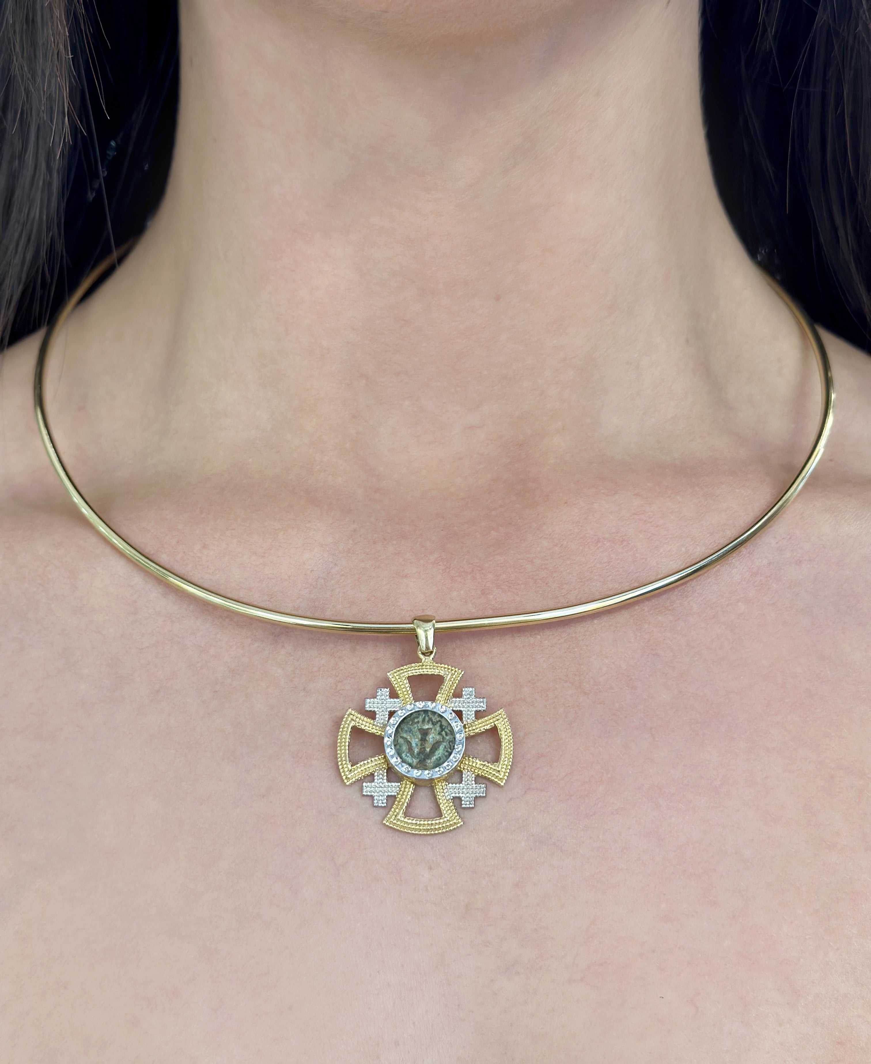 Ancient Widow’s Mite Jewish Maccabean Coin Set in 14k Gold Jerusalem Cross Pendant