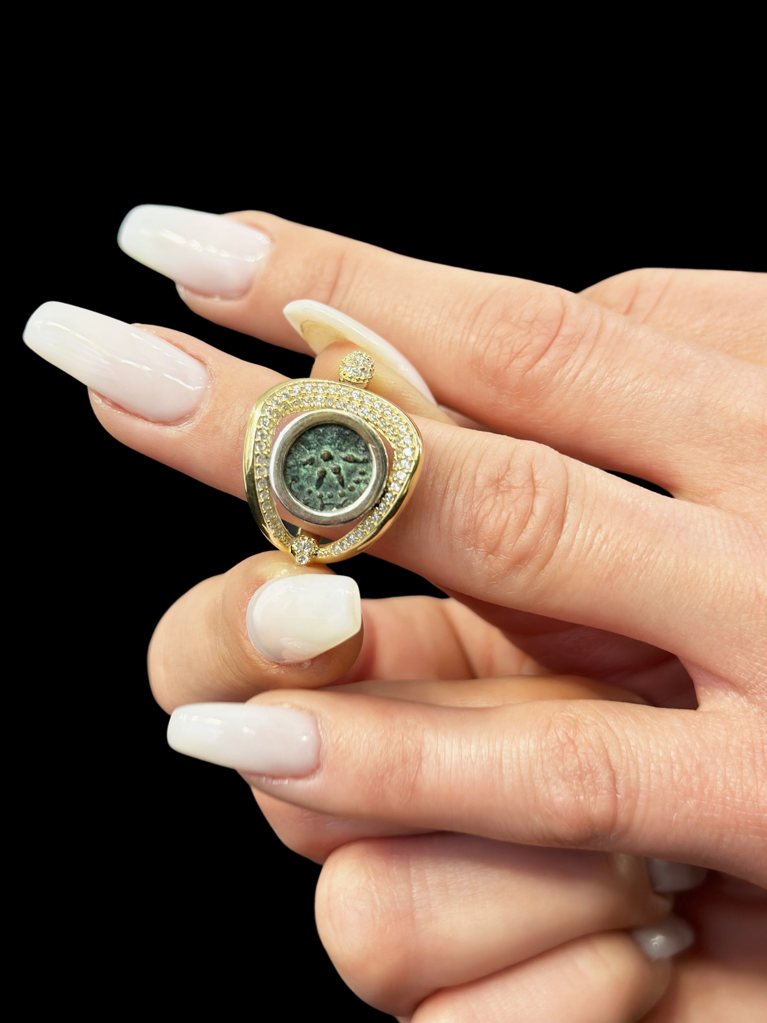Ancient Widow’s Mite Jewish Maccabean Coin Set in 14k Gold Ring