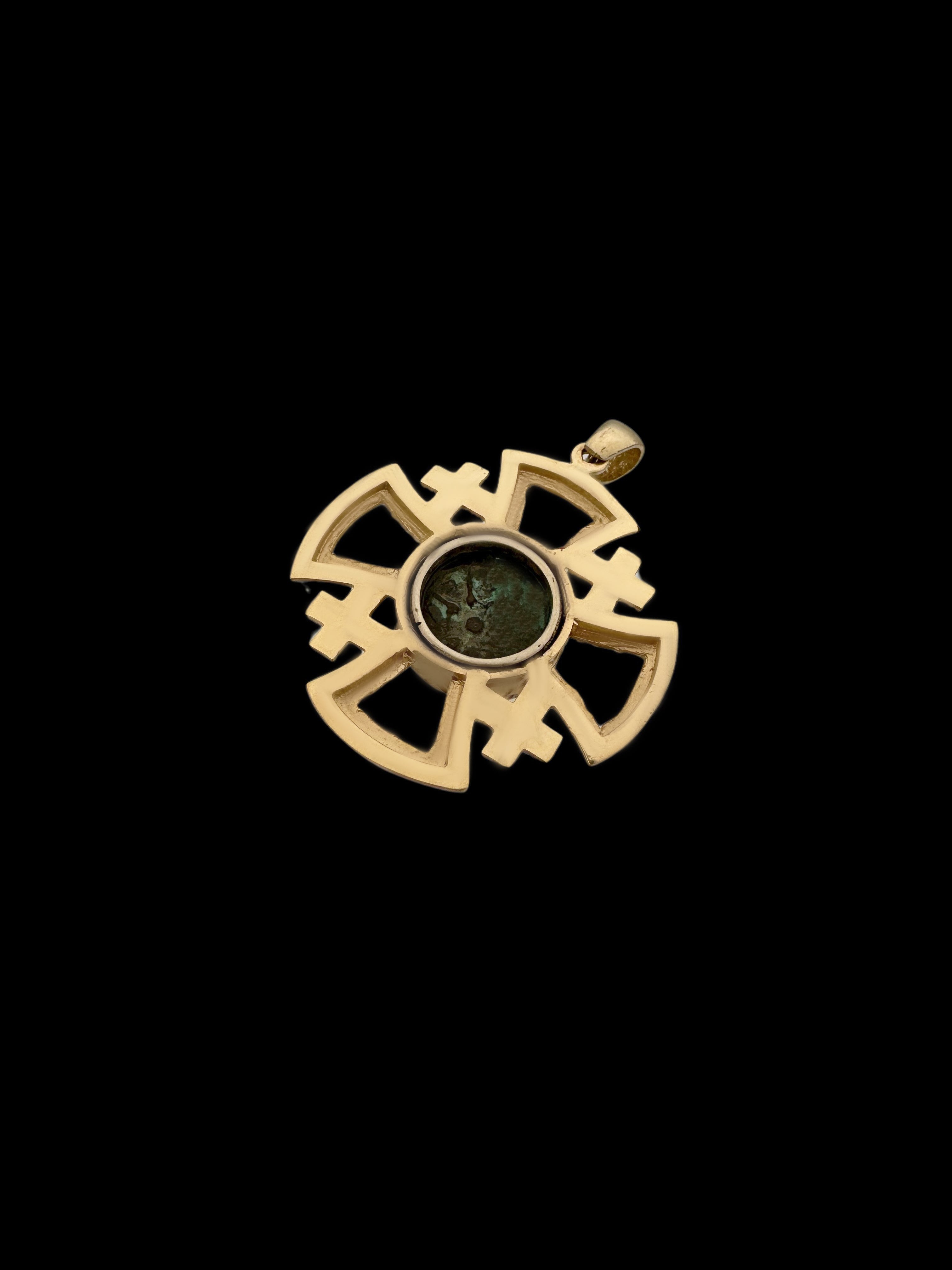 Ancient Widow’s Mite Jewish Maccabean Coin Set in 14k Gold Jerusalem Cross Pendant