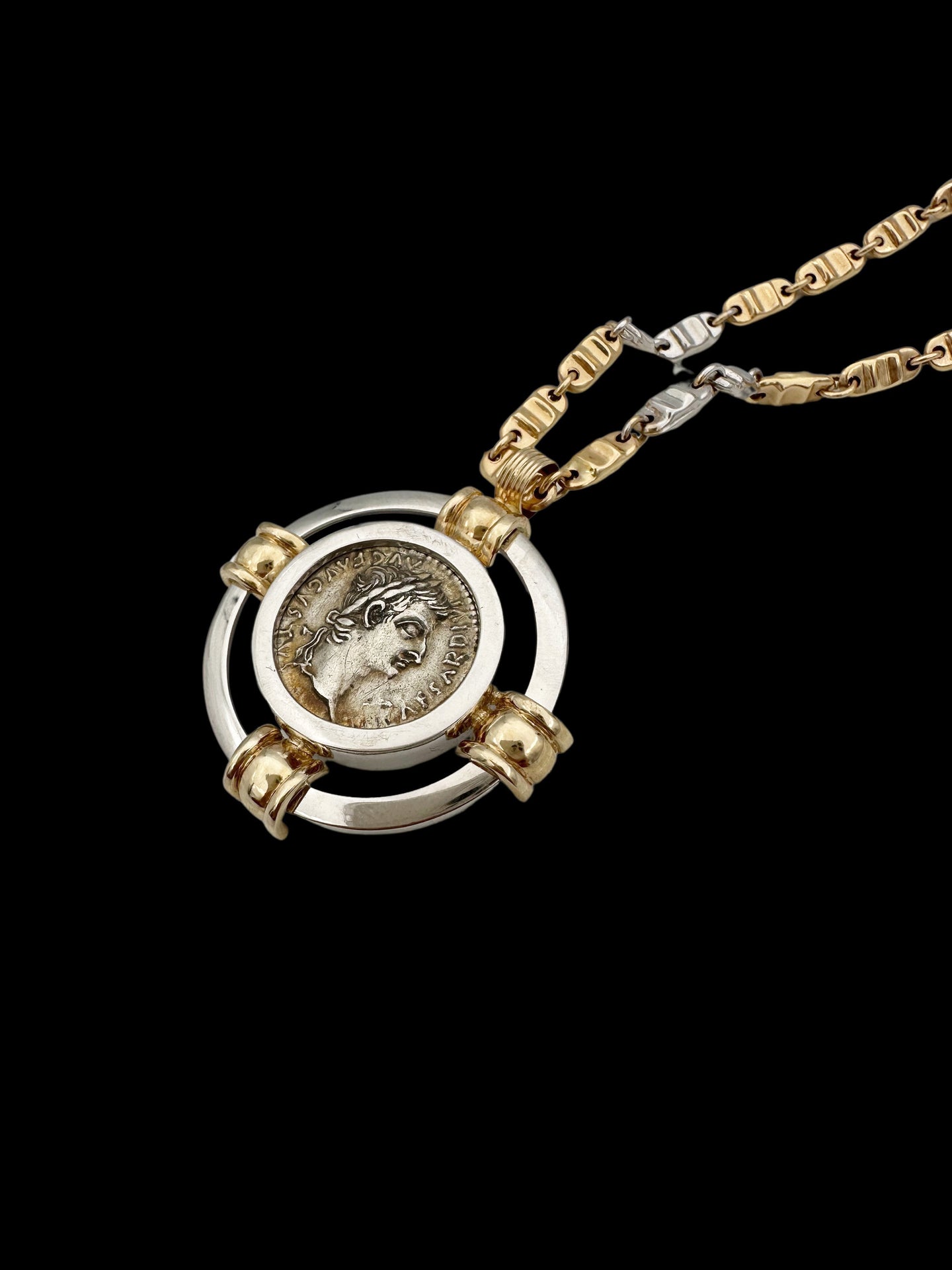 Ancient Silver Denarius Tribute Penny “Render To Caesar” Coin Set in 14K Gold Pendant