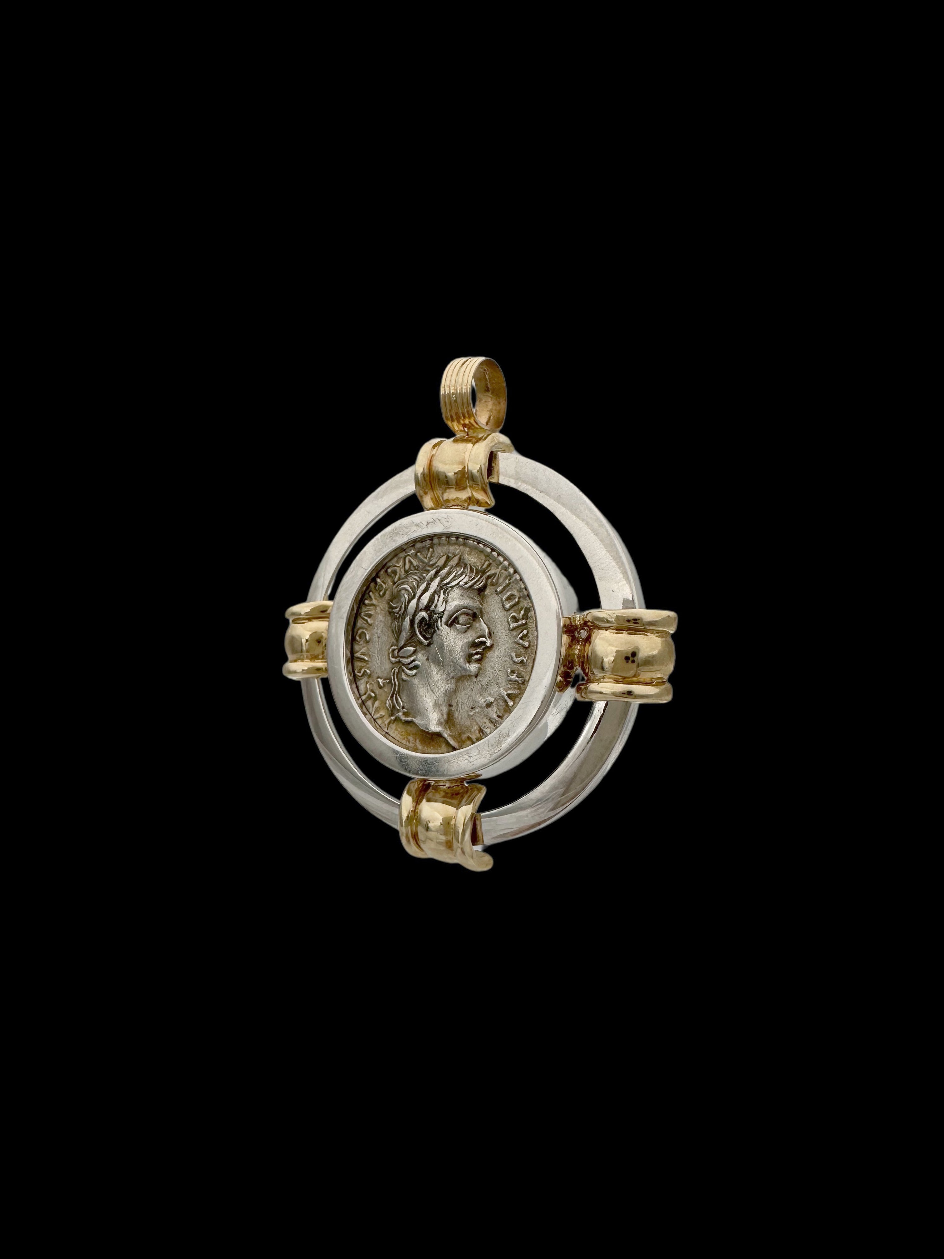 Ancient Silver Denarius Tribute Penny “Render To Caesar” Coin Set in 14K Gold Pendant