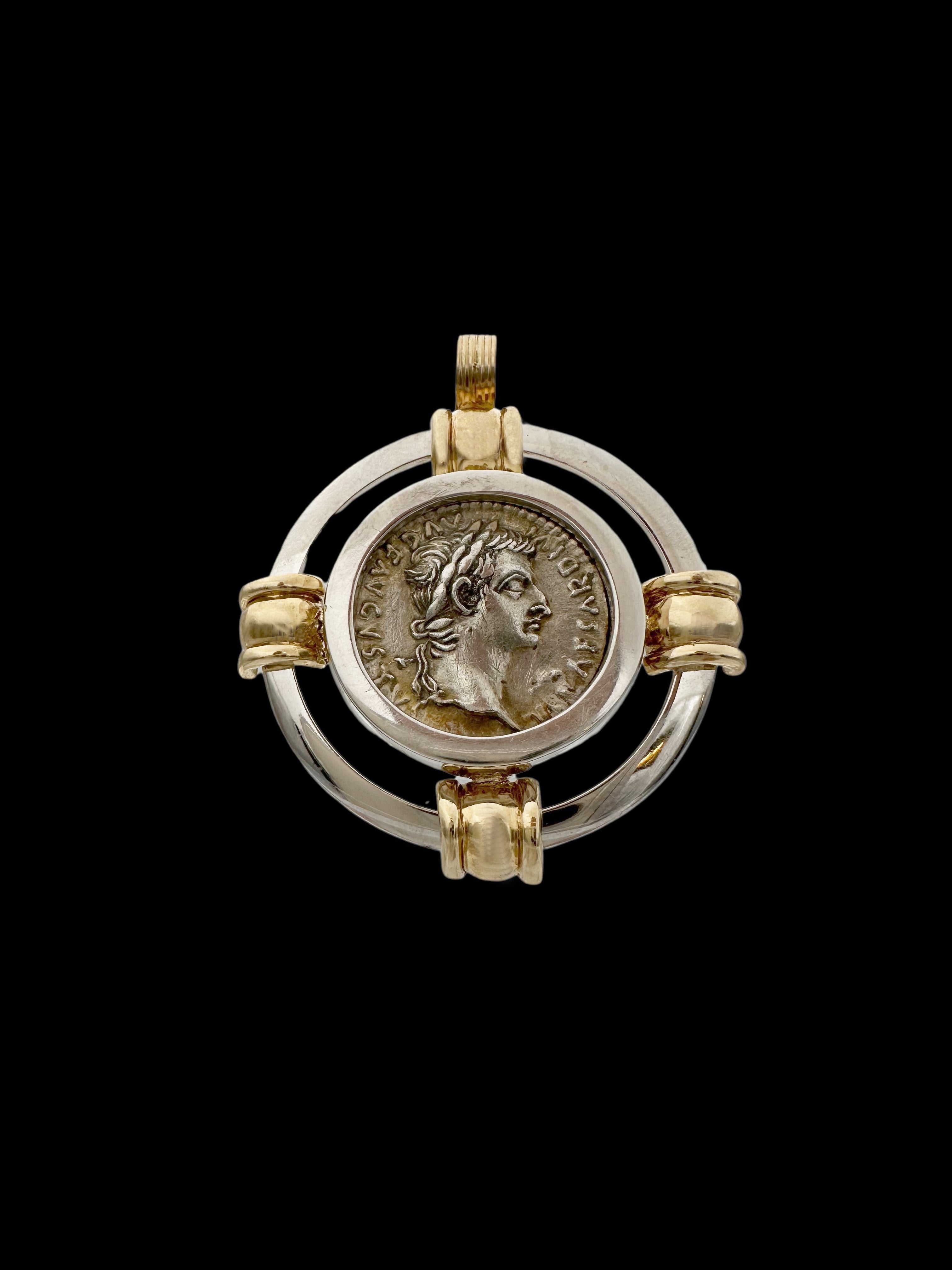 Ancient Silver Denarius Tribute Penny “Render To Caesar” Coin Set in 14K Gold Pendant