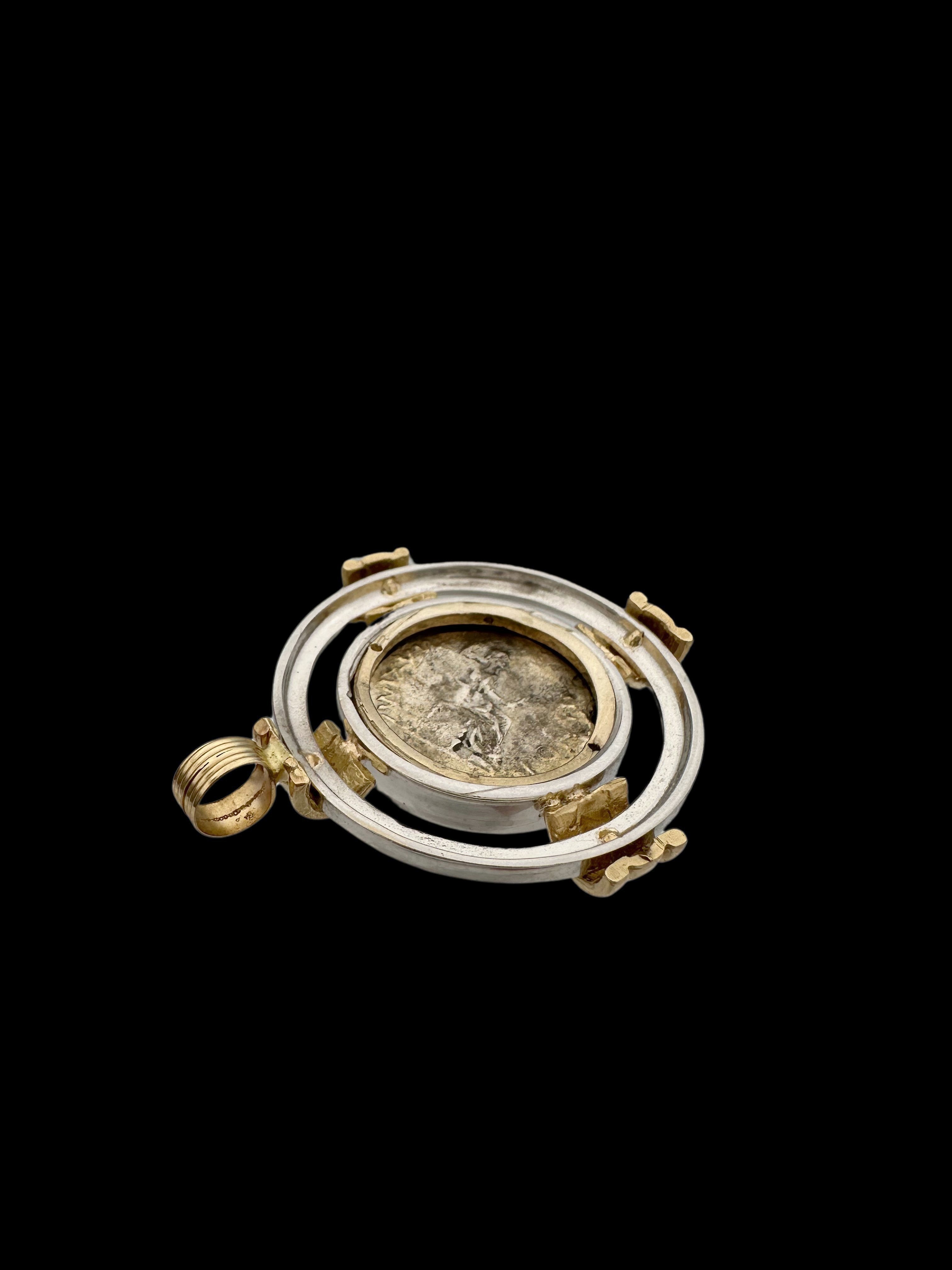 Ancient Silver Denarius Tribute Penny “Render To Caesar” Coin Set in 14K Gold Pendant