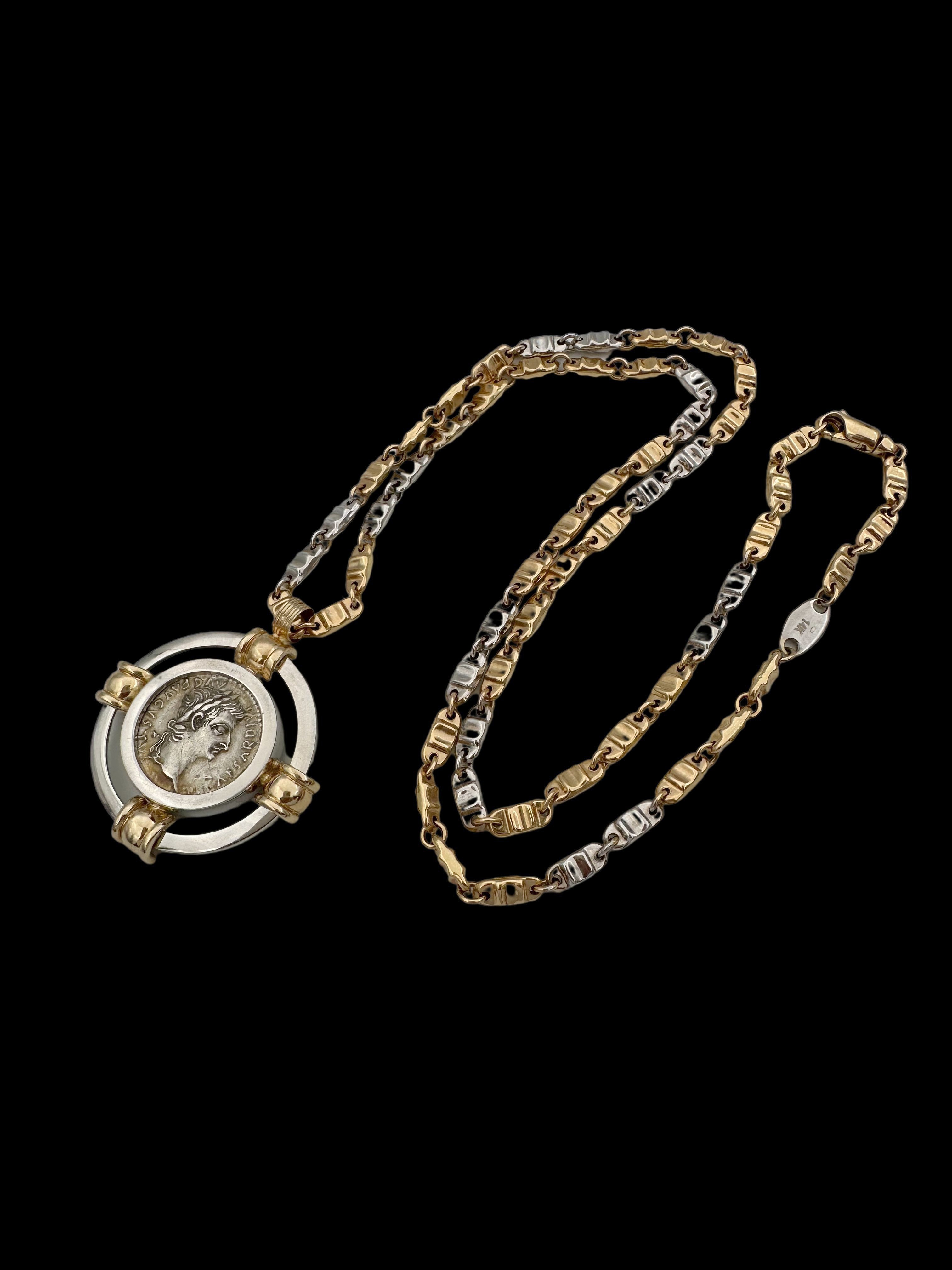 Ancient Silver Denarius Tribute Penny “Render To Caesar” Coin Set in 14K Gold Pendant