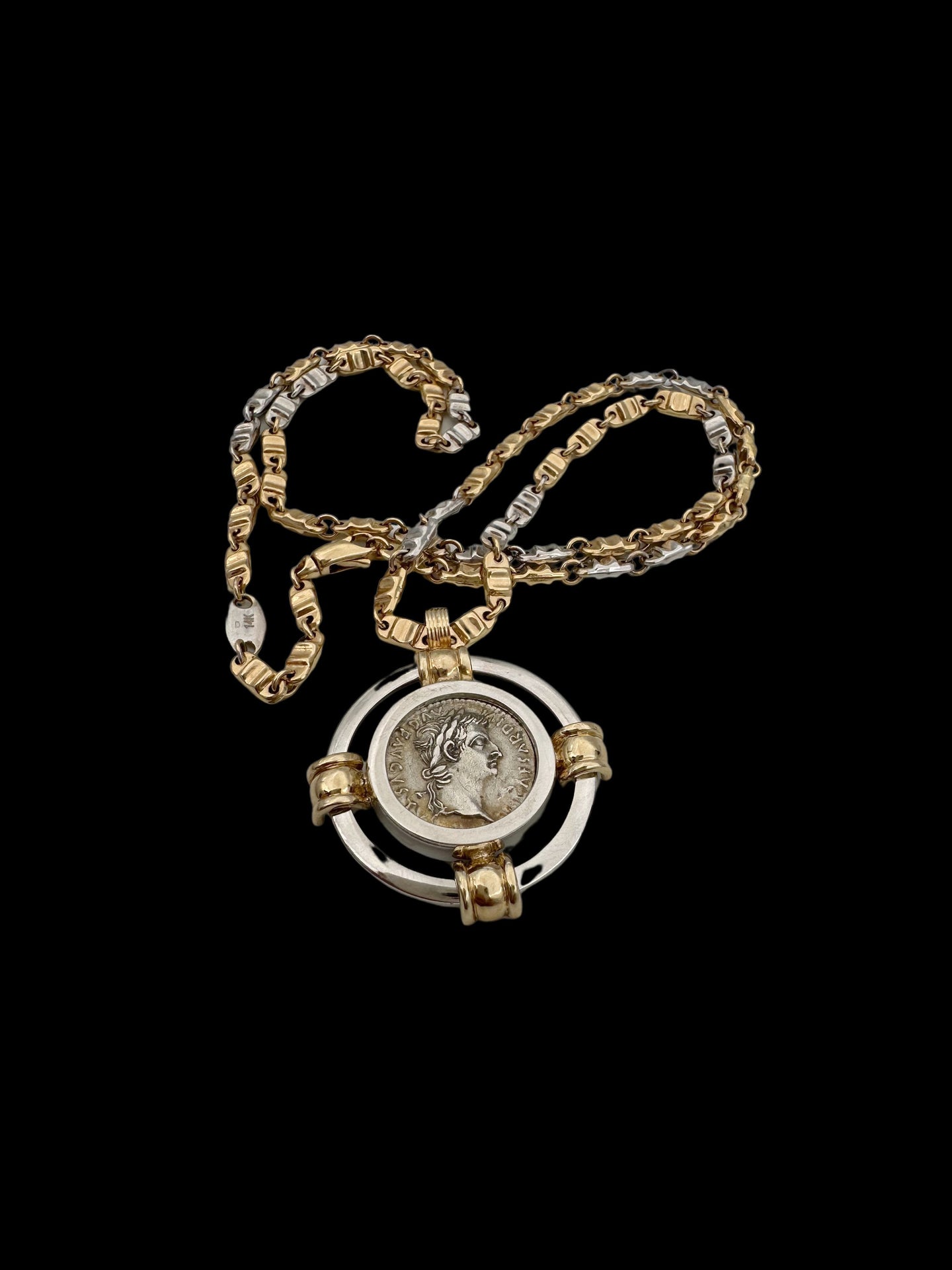 Ancient Silver Denarius Tribute Penny “Render To Caesar” Coin Set in 14K Gold Pendant