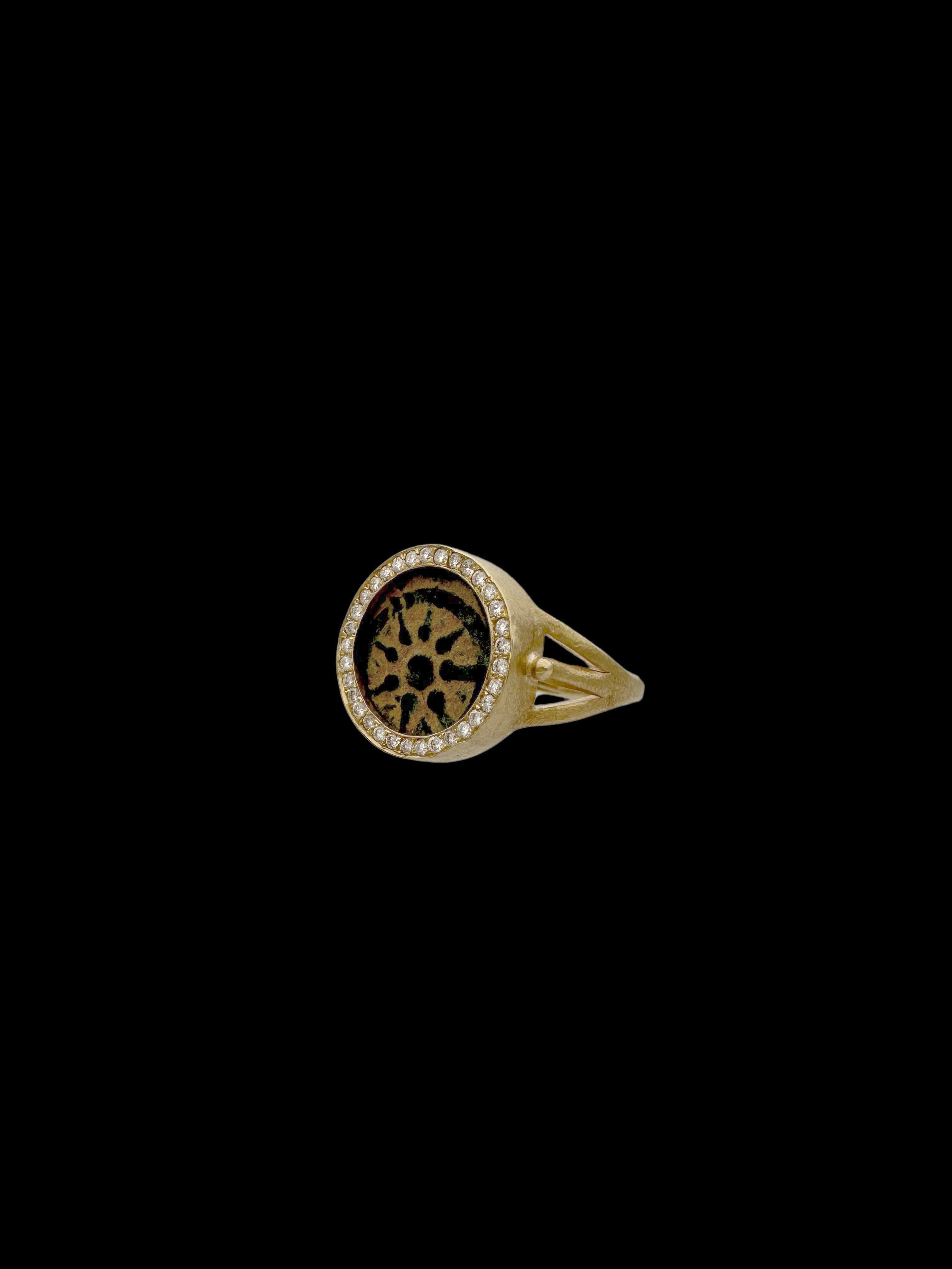 Ancient Widow’s Mite Jewish Maccabean Coin Set in 14k Gold & Natural Diamonds Ring