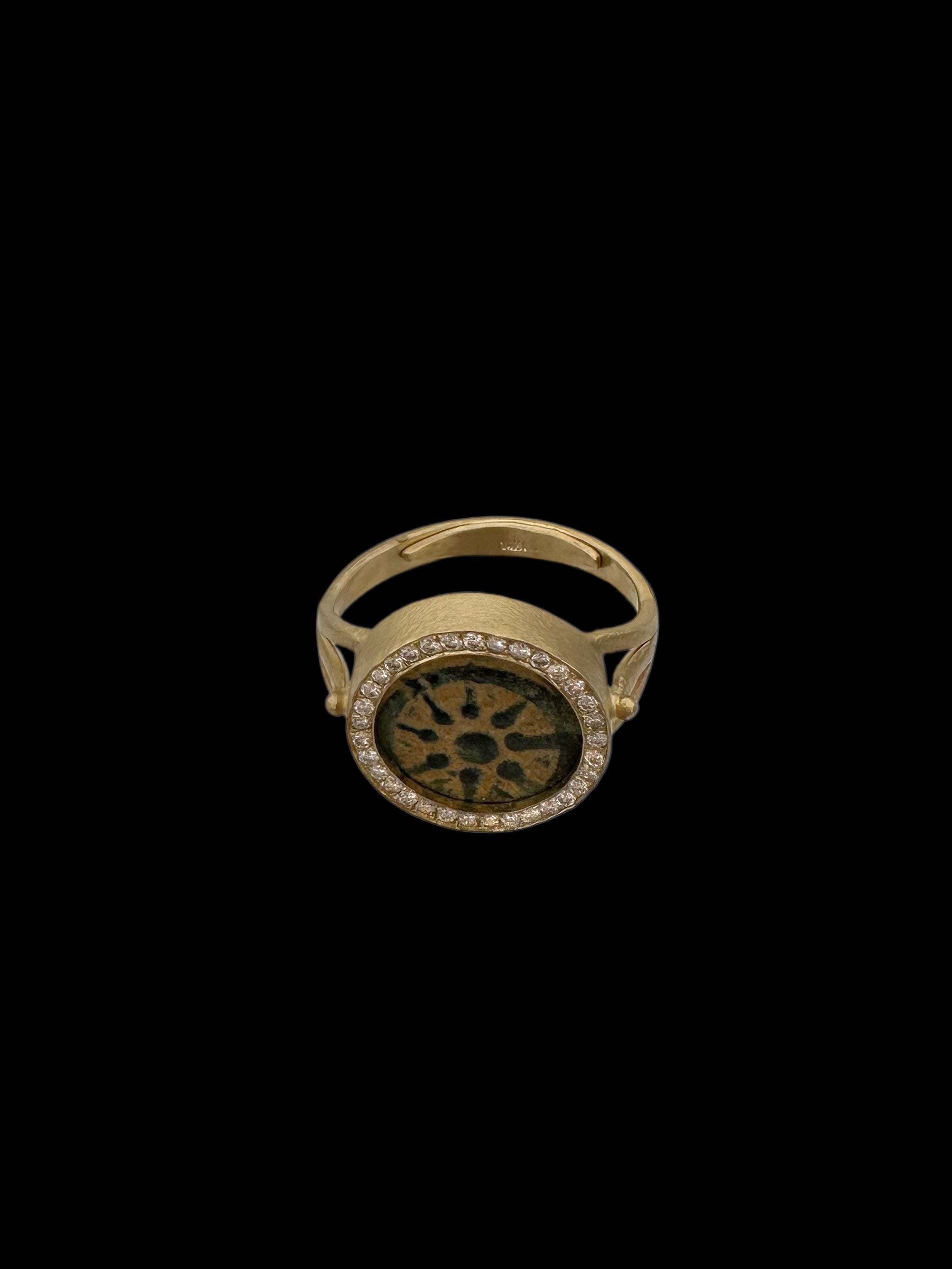 Ancient Widow’s Mite Jewish Maccabean Coin Set in 14k Gold & Natural Diamonds Ring