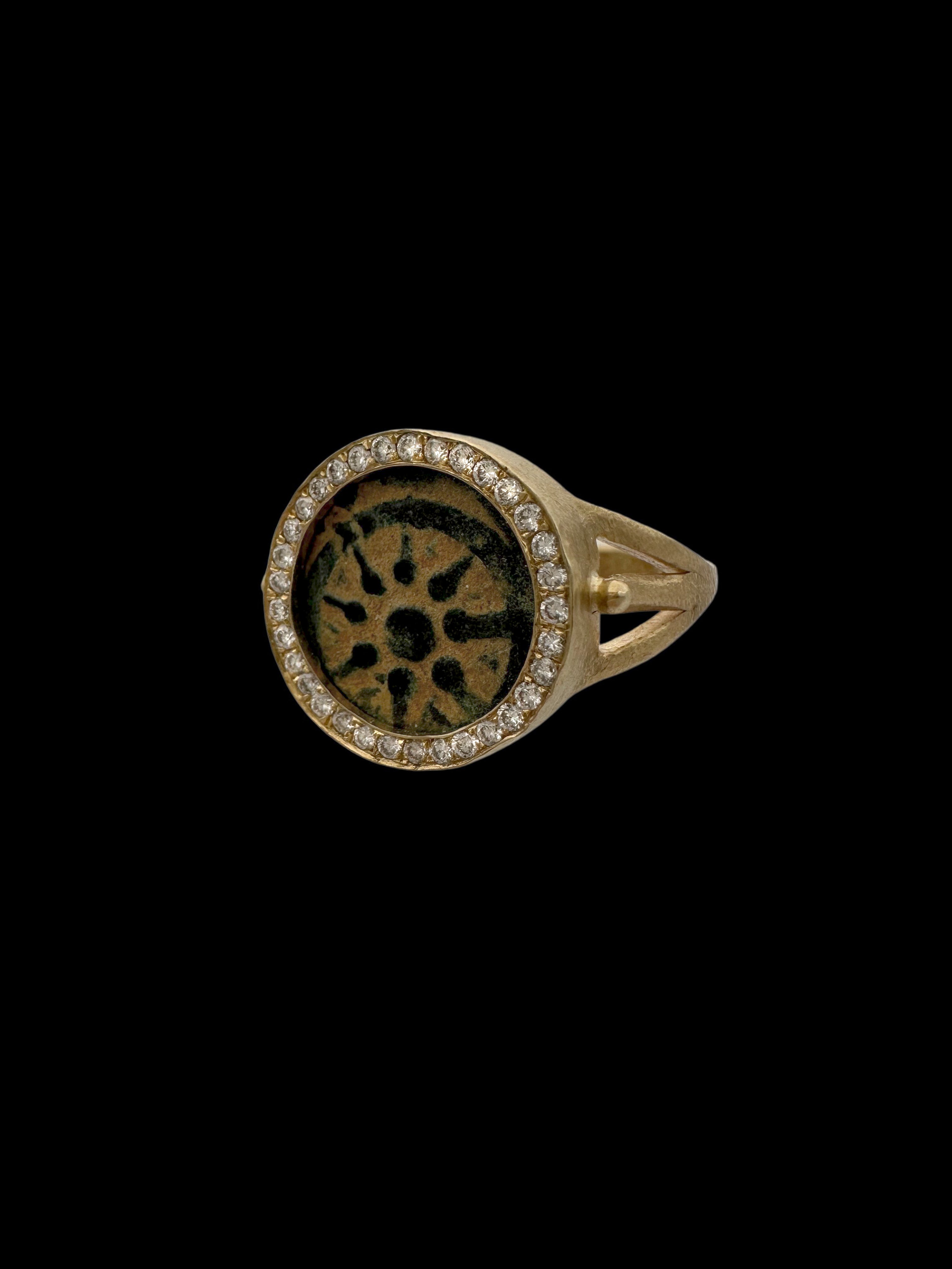 Ancient Widow’s Mite Jewish Maccabean Coin Set in 14k Gold & Natural Diamonds Ring