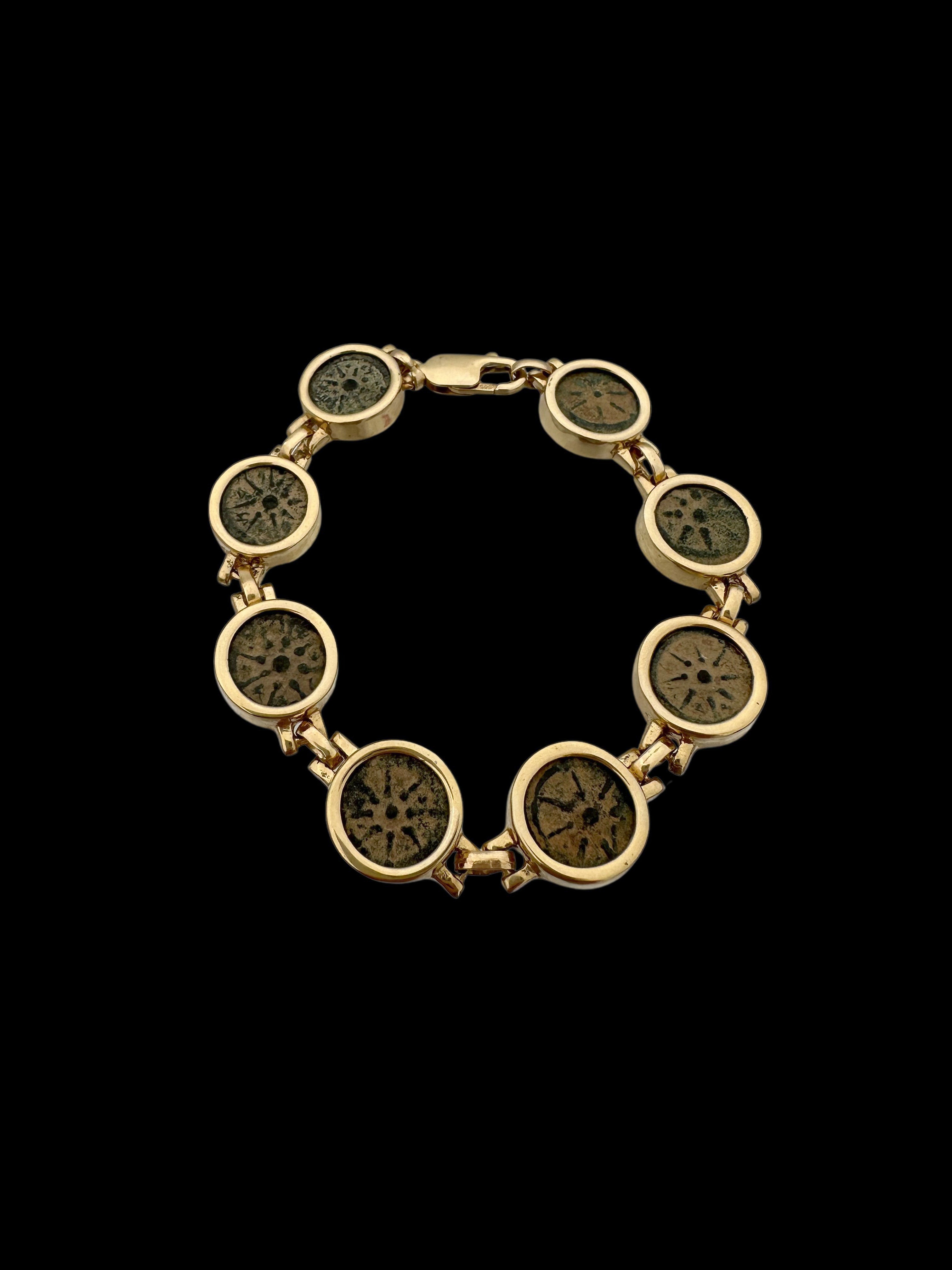 Ancient Widow’s Mite Jewish Maccabean Coin Set in Heavy 14k Gold Bracelet
