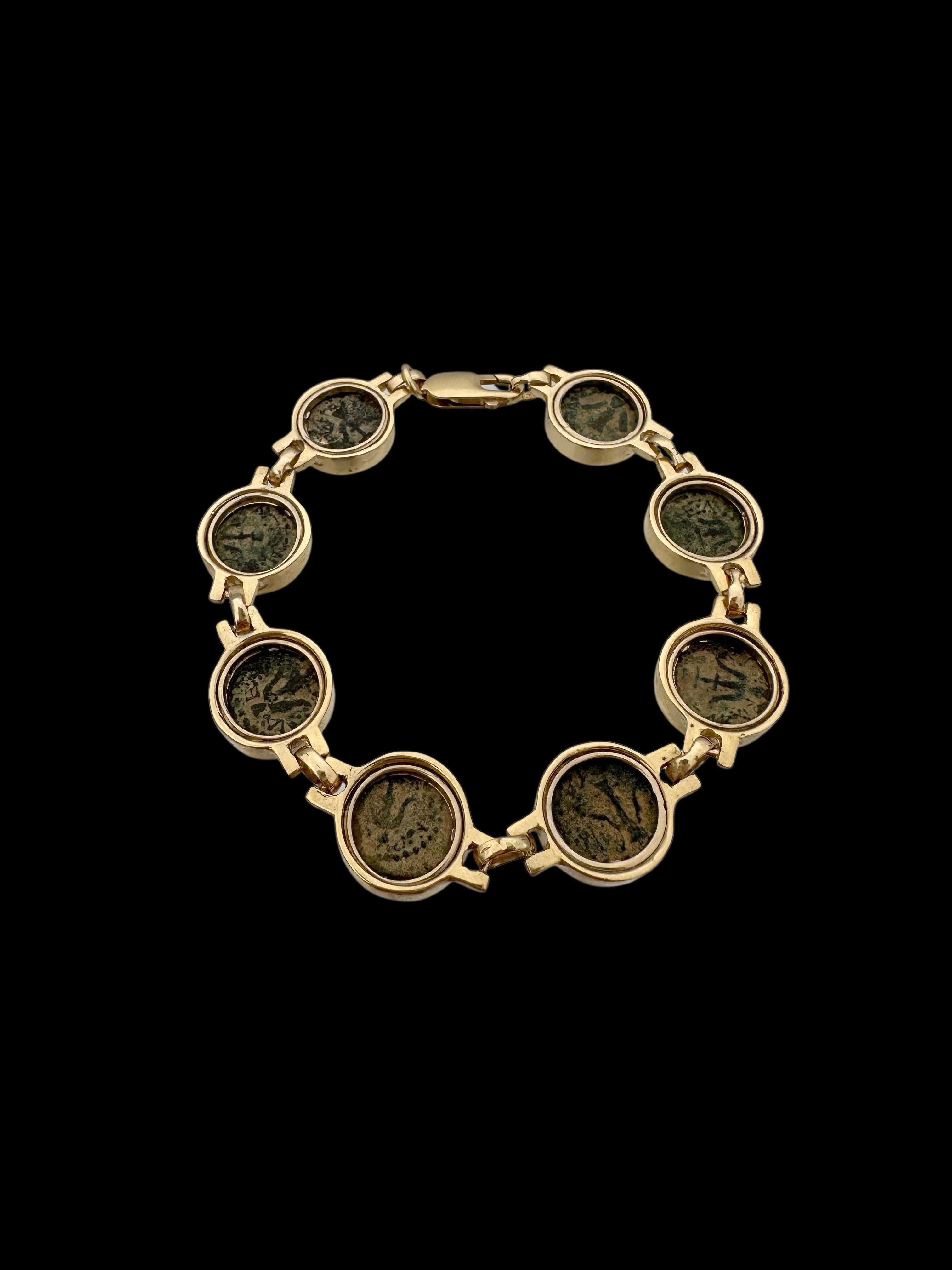 Ancient Widow’s Mite Jewish Maccabean Coin Set in Heavy 14k Gold Bracelet