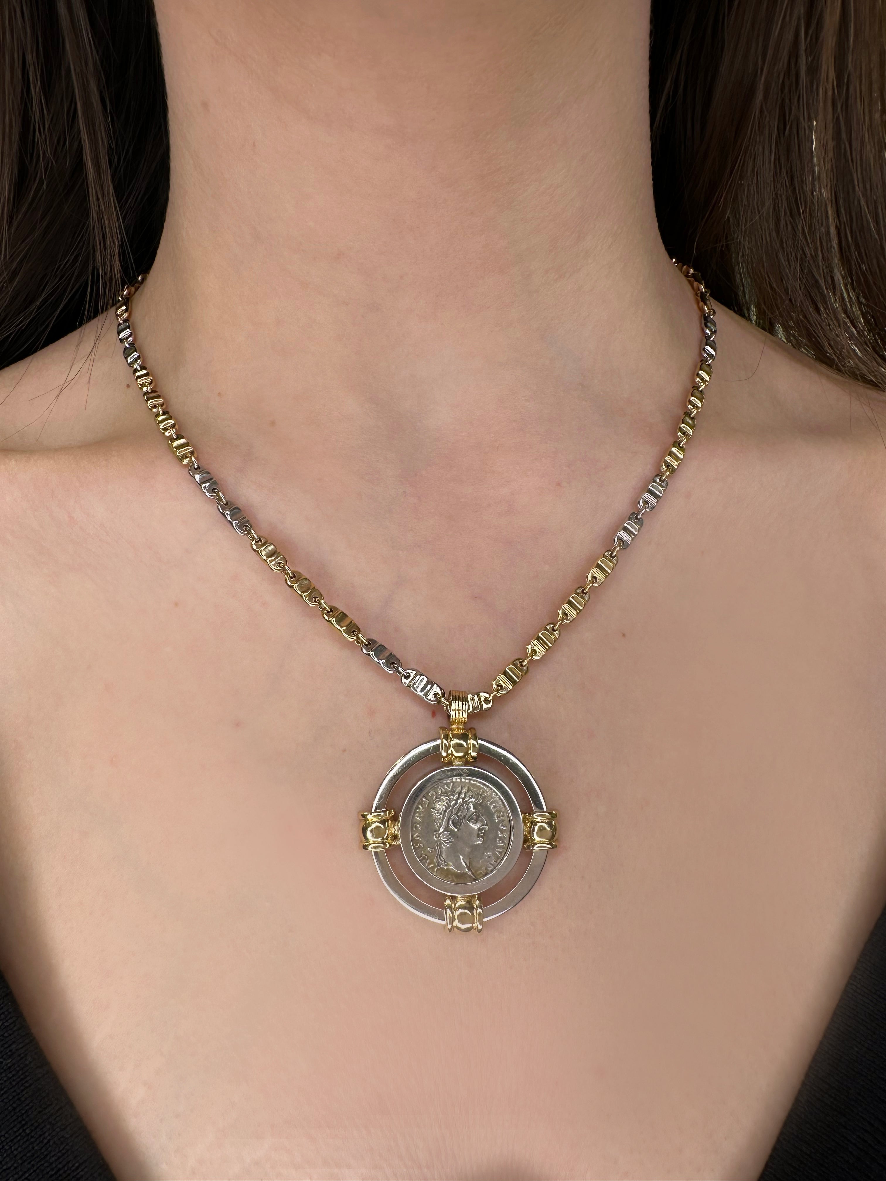 Ancient Silver Denarius Tribute Penny “Render To Caesar” Coin Set in 14K Gold Pendant