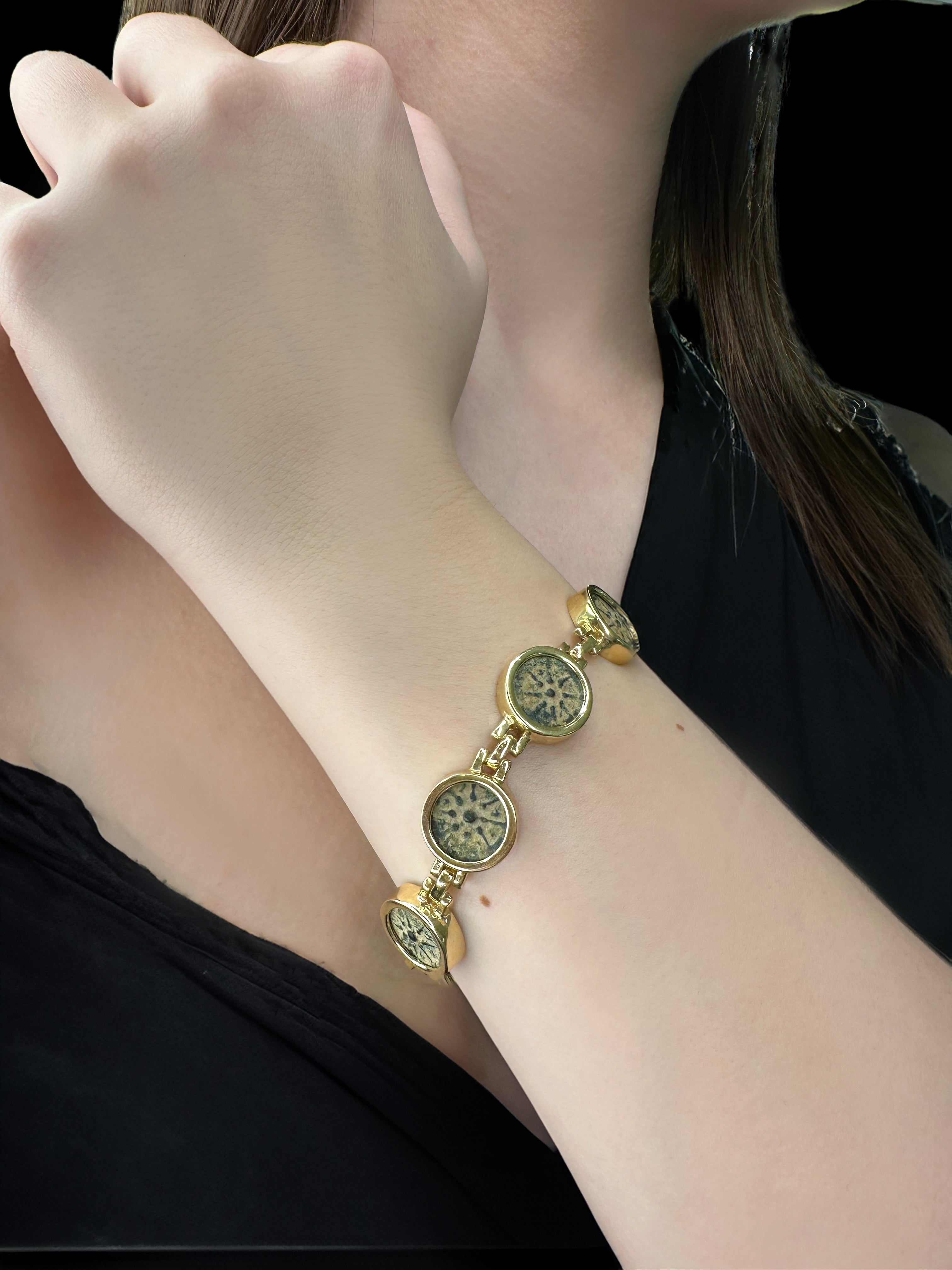 Ancient Widow’s Mite Jewish Maccabean Coin Set in Heavy 14k Gold Bracelet