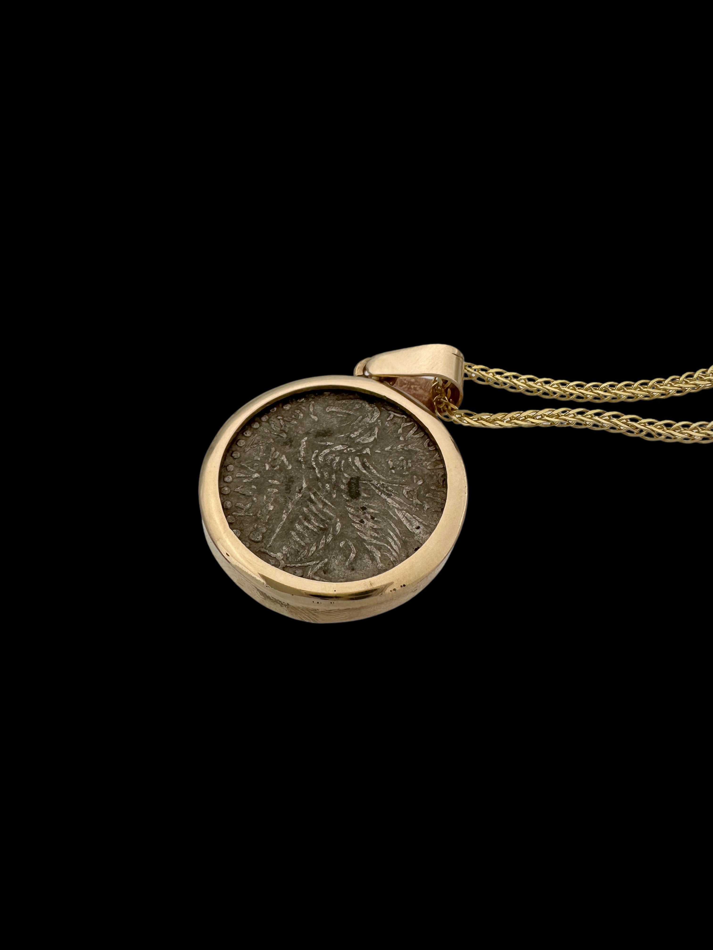 Ancient Tyrian Shekel Temple Tax Coin Set in 14K Gold Pendant