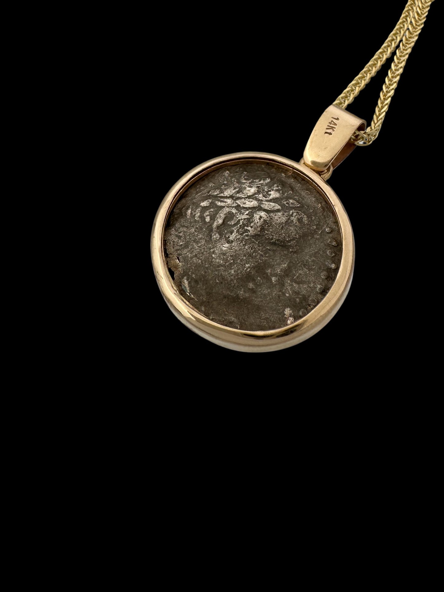Ancient Tyrian Shekel Temple Tax Coin Set in 14K Gold Pendant
